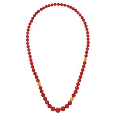 GIA Italian Oxblood Round Bead Coral Necklace with 18 Karat Yellow Gold Accents
