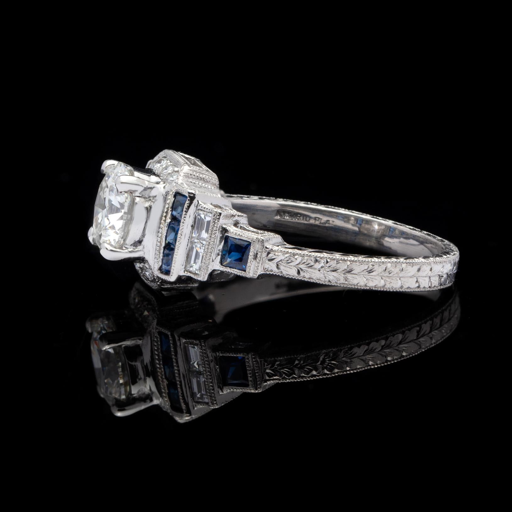 Art Deco GIA J/SI1 1.00 Carat Diamond and Sapphire Engagement Ring