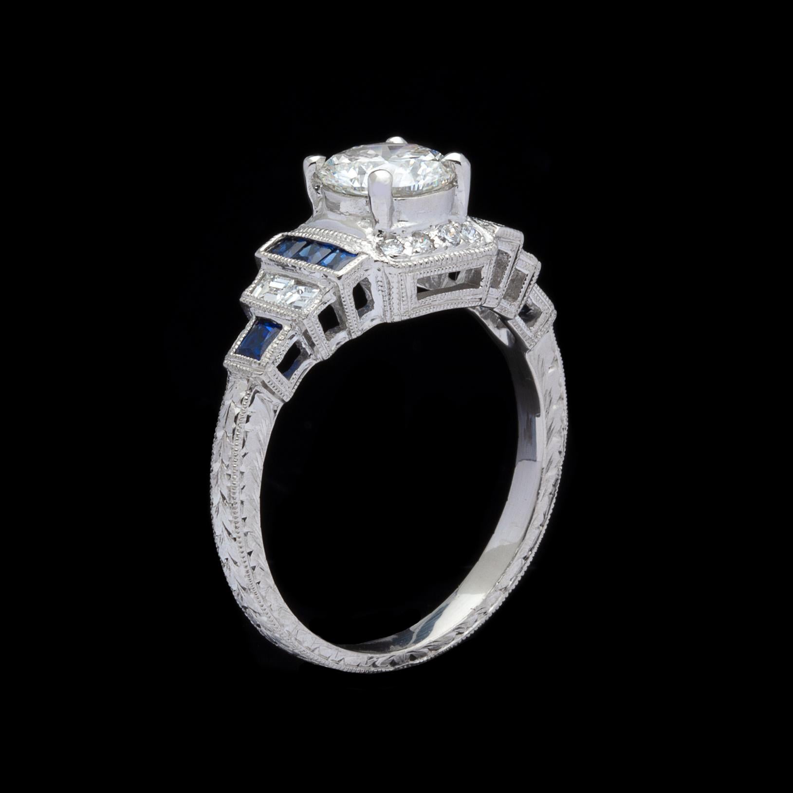 Round Cut GIA J/SI1 1.00 Carat Diamond and Sapphire Engagement Ring