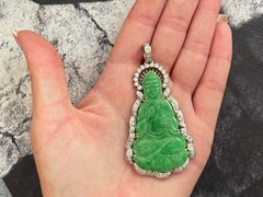 GIA Jadeite Jade Buddah Diamond Halo Pendant 18k White Gold