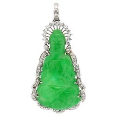 Vintage GIA Jadeite Jade Buddah Diamond Halo Pendant 18k White Gold