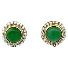 Vintage GIA Jadeite Jade Grade A Pearl Halo Stud Earrings 14k Yellow Gold