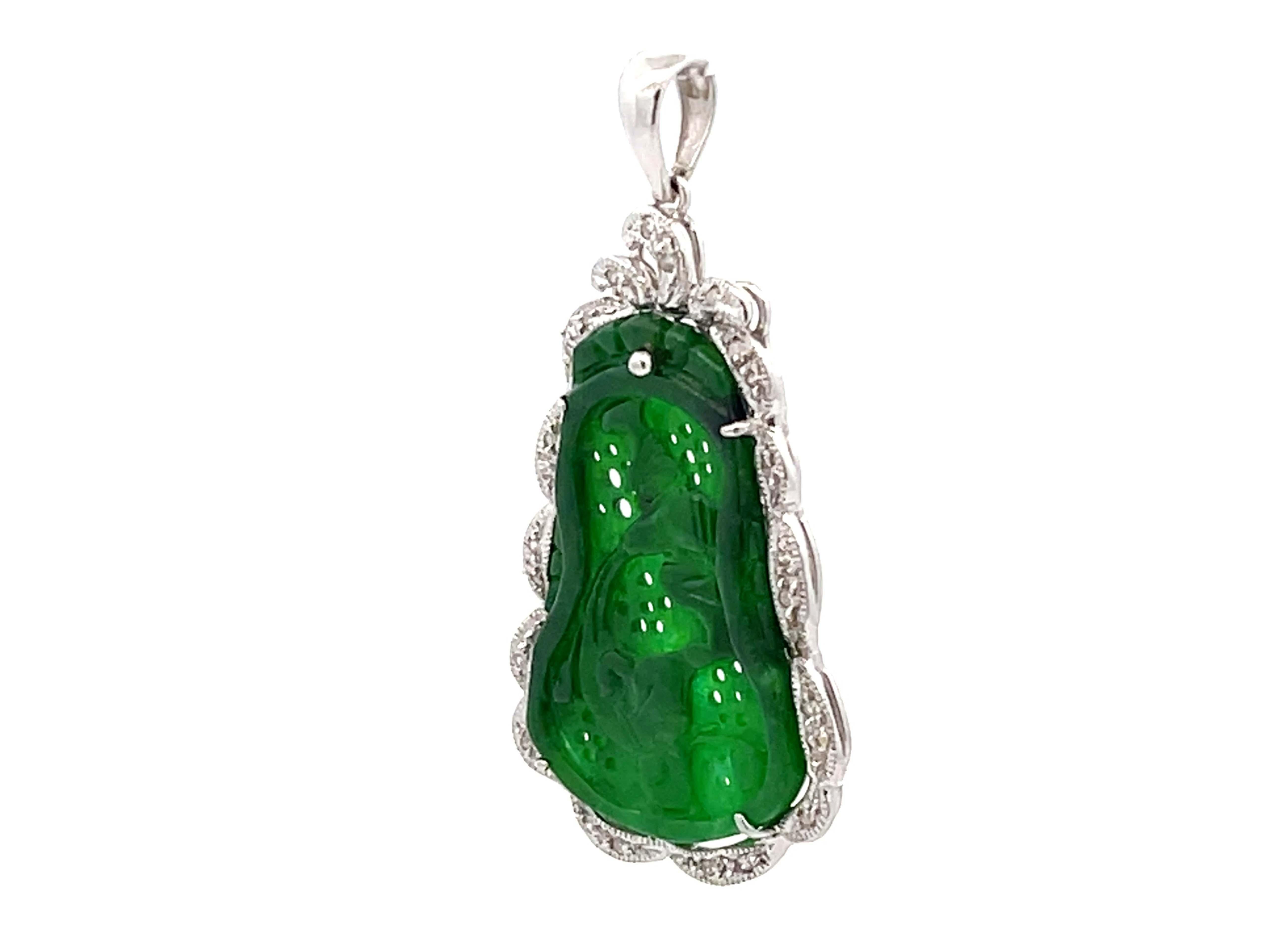 Mixed Cut GIA Jadeite Jade Pierced Carved Pendant with Diamond Halo 14k White Gold For Sale