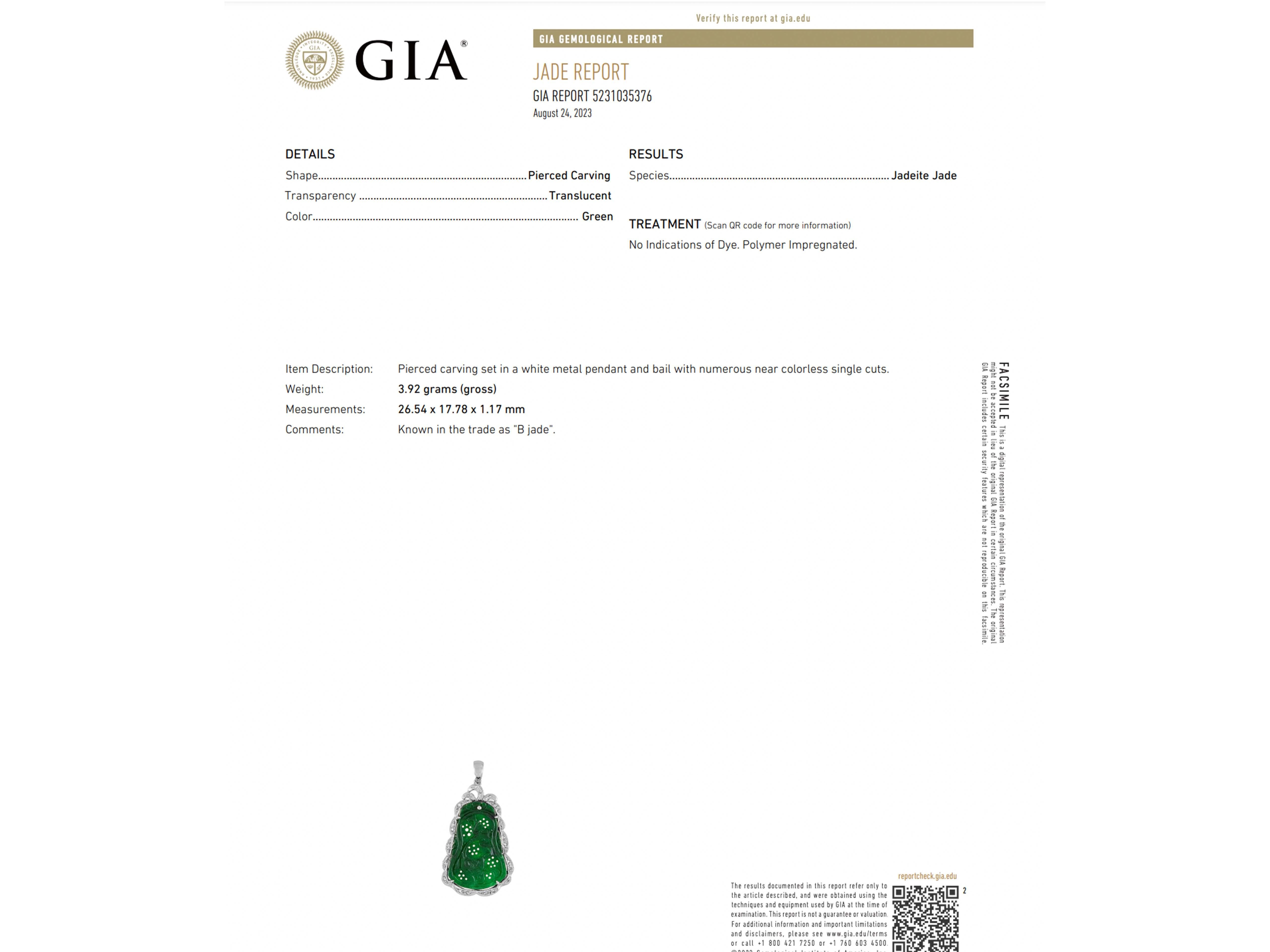 GIA Jadeite Jade Pierced Carved Pendant with Diamond Halo 14k White Gold For Sale 2