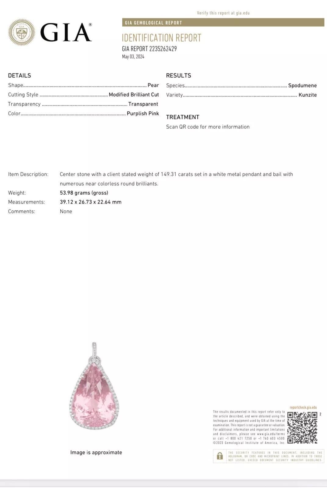 Pear Cut GIA Kunzite 149 carat Pearshape Pendant and Diamond Necklace in Platinum and 18k