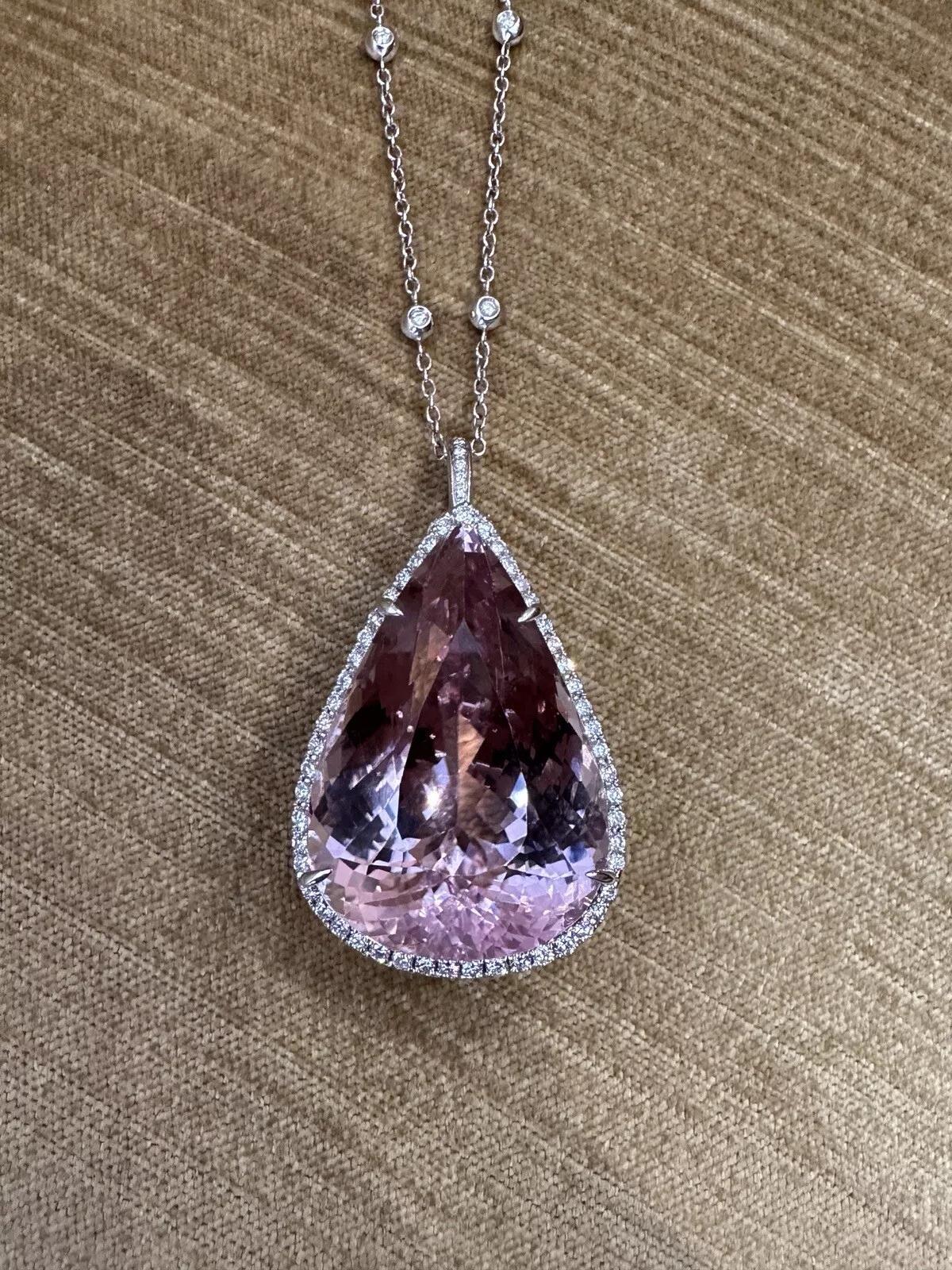 GIA Kunzite 149 carat Pearshape Pendant and Diamond Necklace in Platinum and 18k In Excellent Condition In La Jolla, CA
