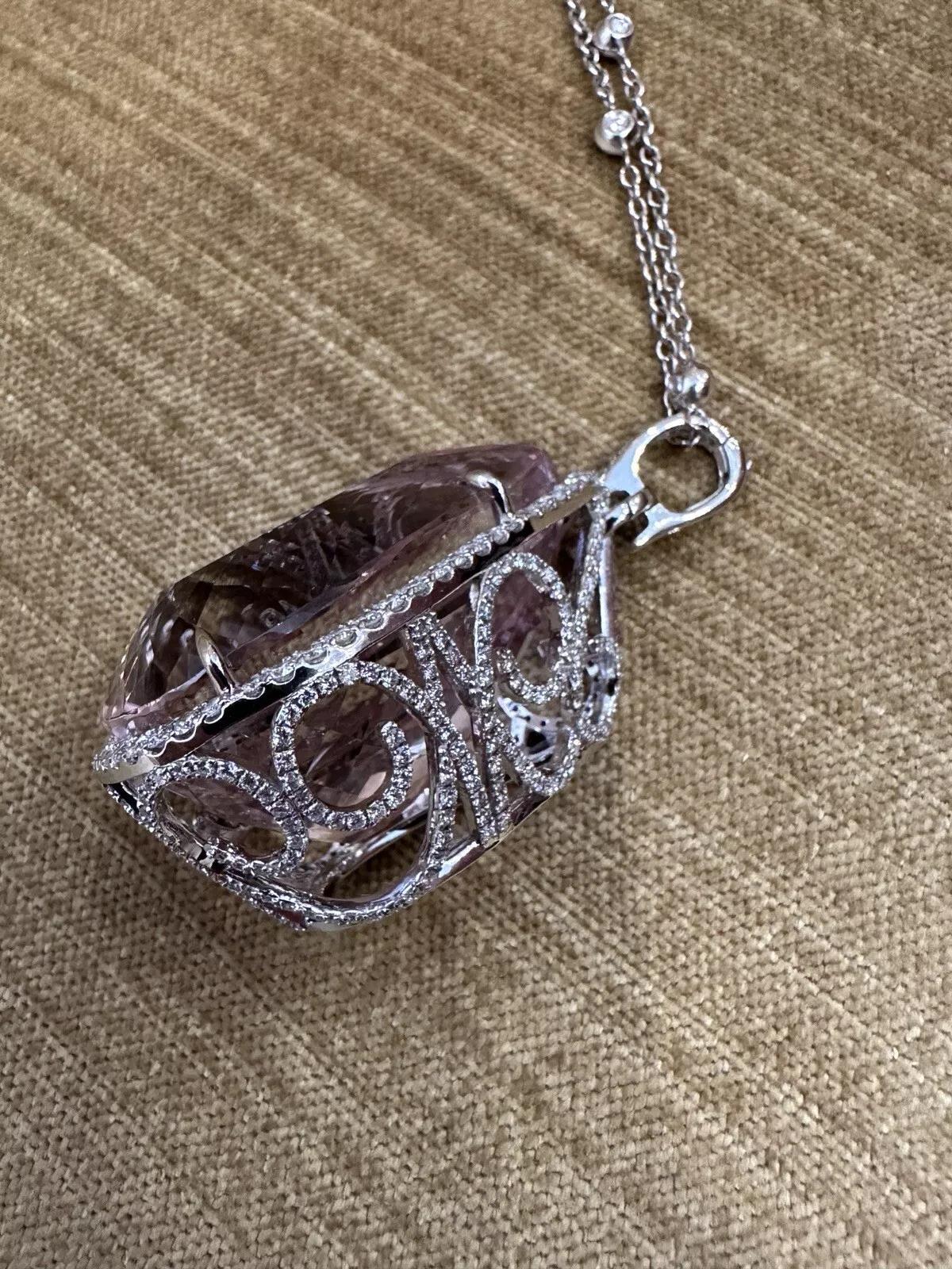GIA Kunzite 149 carat Pearshape Pendant and Diamond Necklace in Platinum and 18k 1
