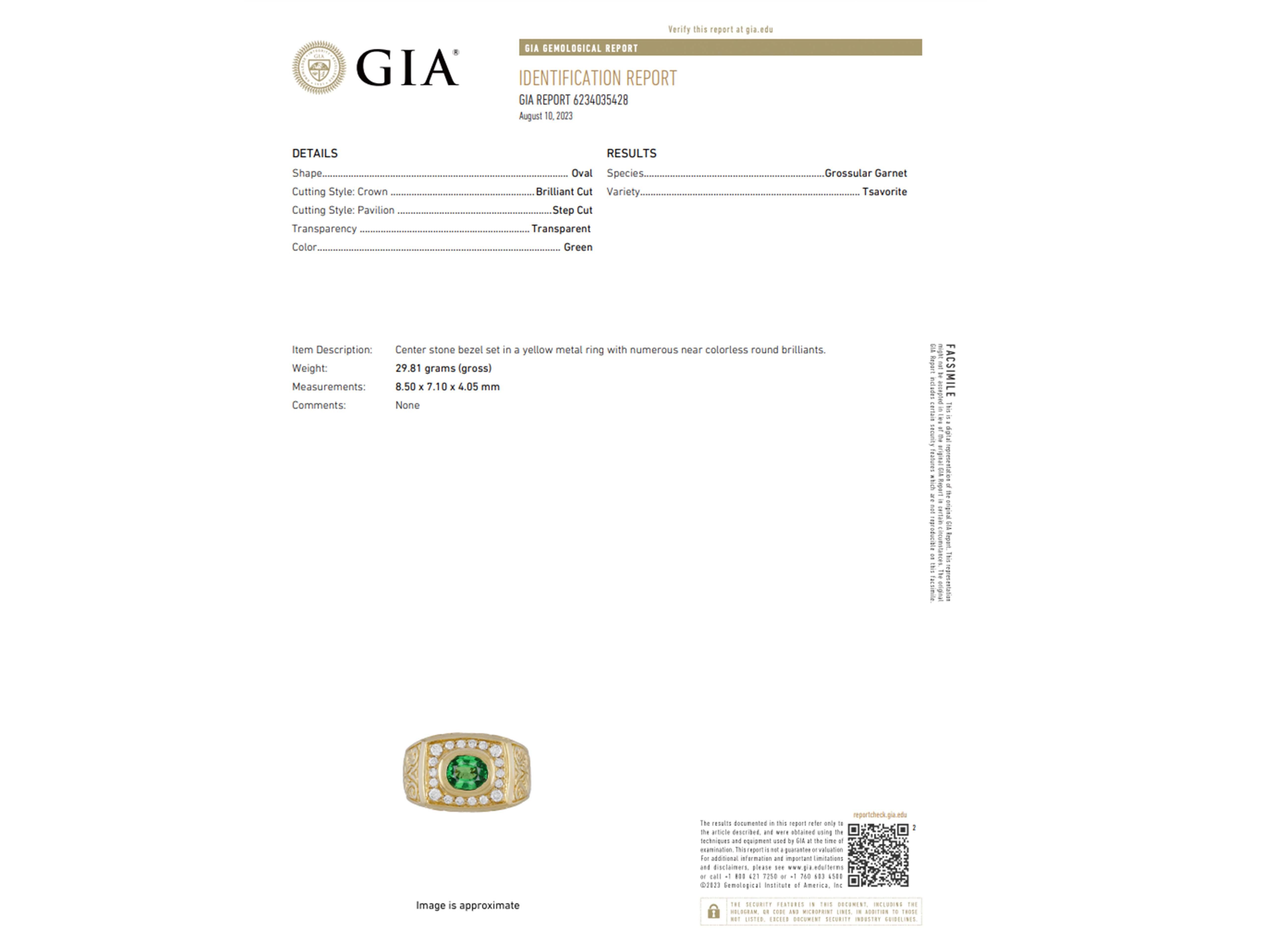 GIA Large Green Tsavorite Garnet and Diamond Halo Mens Ring 18k Yellow Gold For Sale 1
