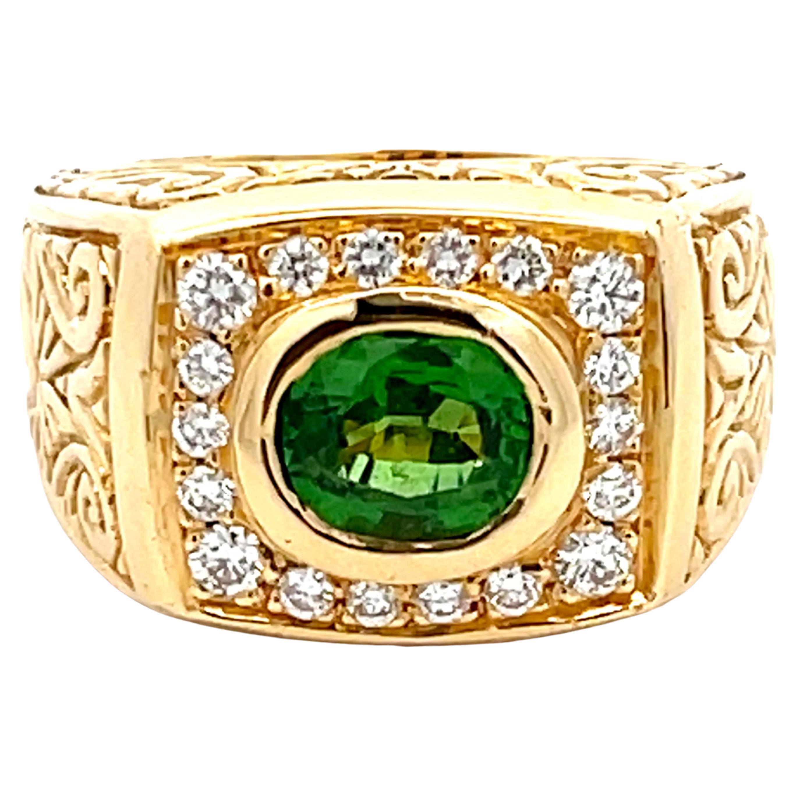 GIA Large Green Tsavorite Garnet and Diamond Halo Mens Ring 18k Yellow Gold For Sale