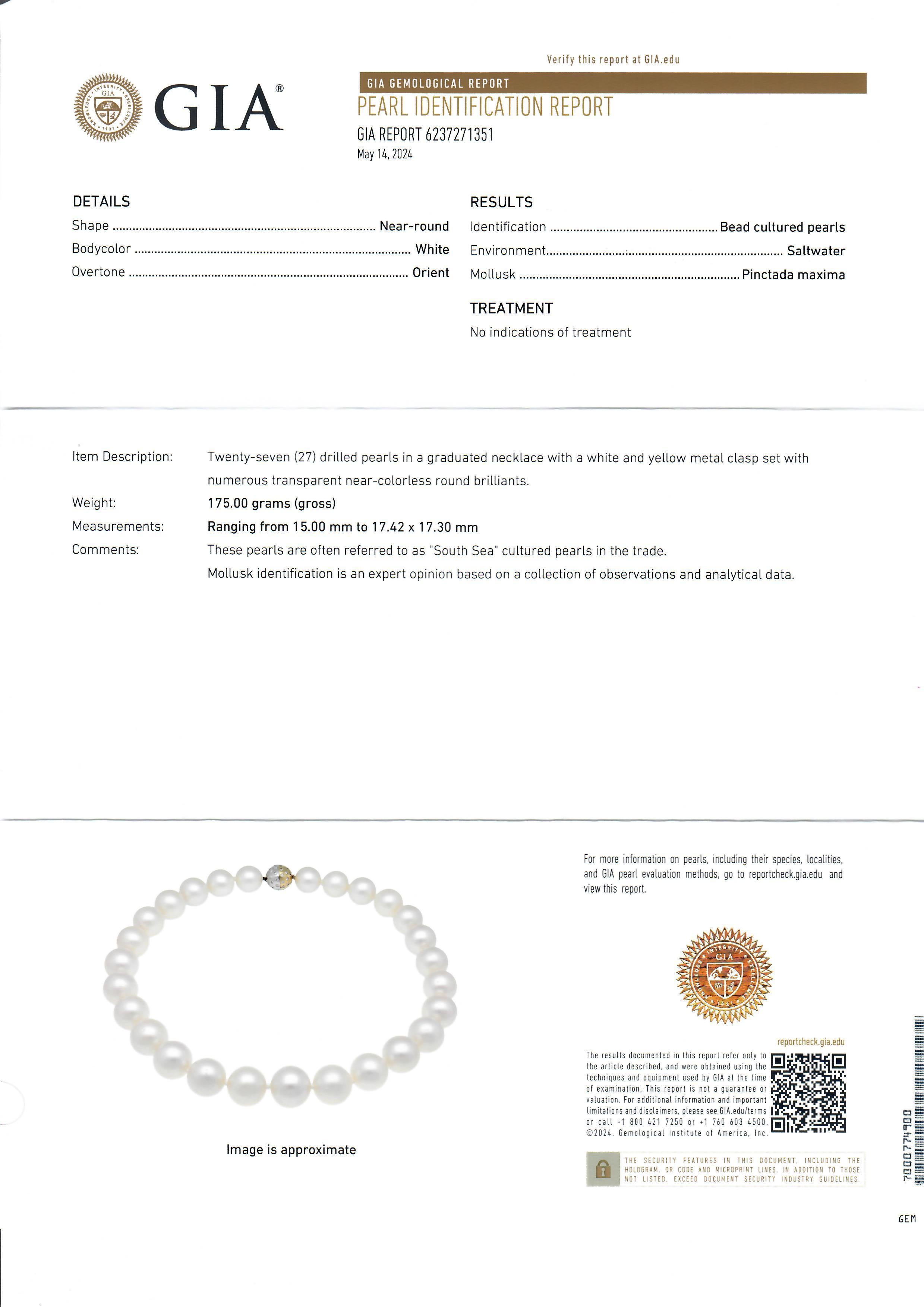 Gia Large South Sea 15-17.42mm Pearl Strand 18k Gold Diamond Ball Screw Clasp For Sale 5