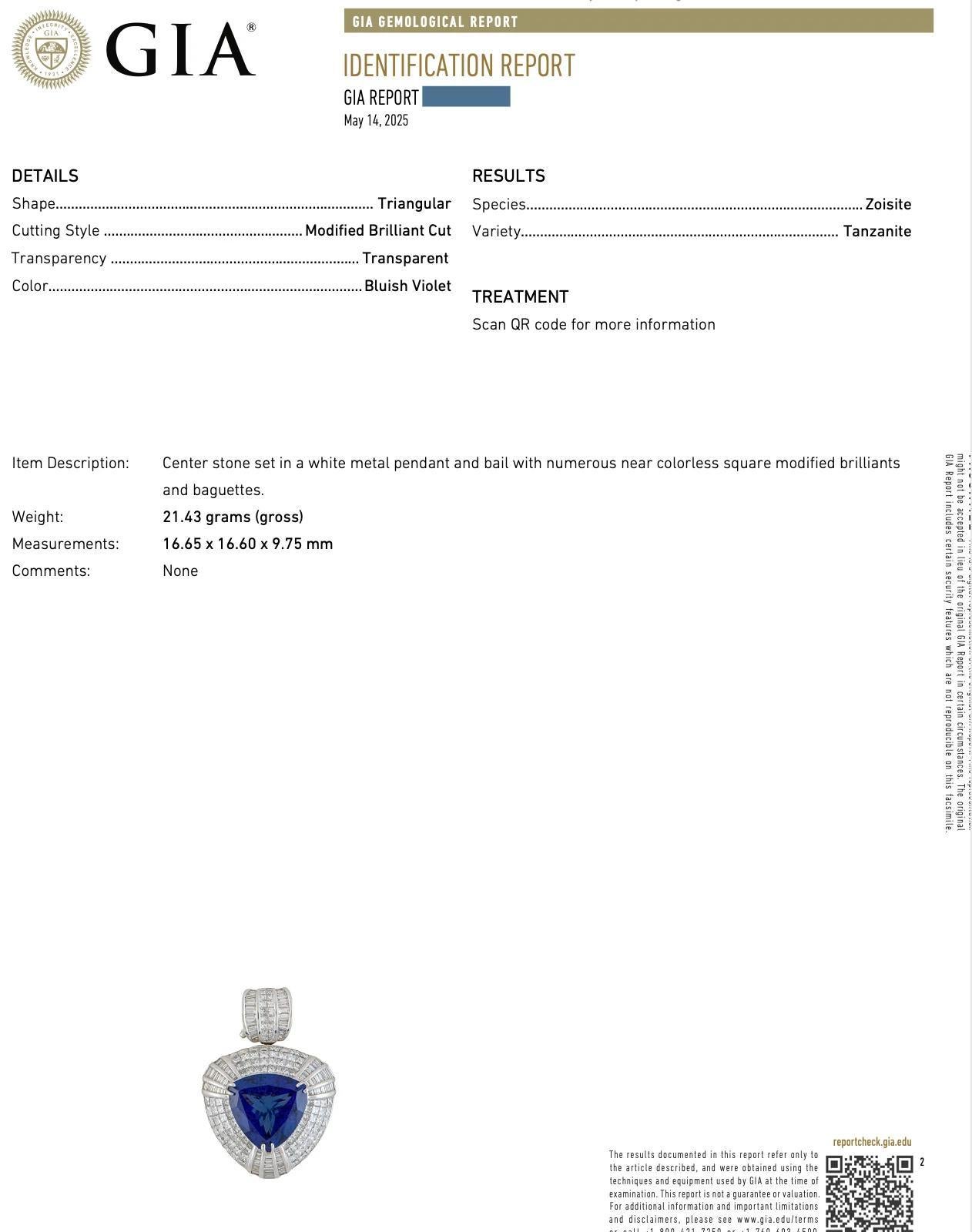 GIA Certified Large Tanzanite and Diamond Pendant in 18k White Gold 

Tanzanite and Diamond Pendant features a GIA certified center Triangular-shaped Tanzanite with Bluish Violet color, weighing approximately 16.00 carats, surrounded by four rows of