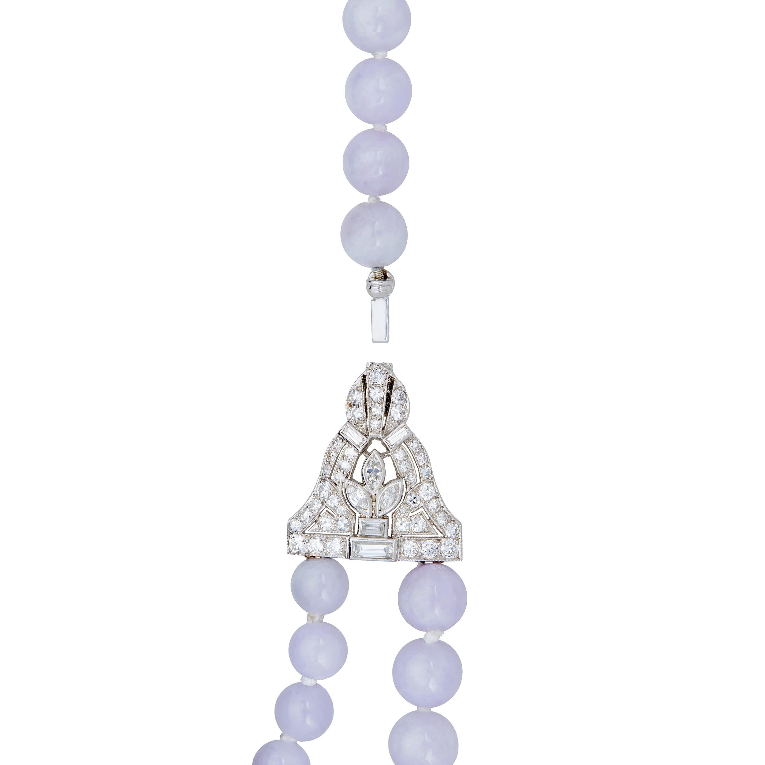 A one of a kind design featuring a single strand of Burmese Lavender Jade in the back with 2 different sizes of Lavender Jade in front.  The focal points are vintage treasures that have been repurposed and brought to new life with one serving as a