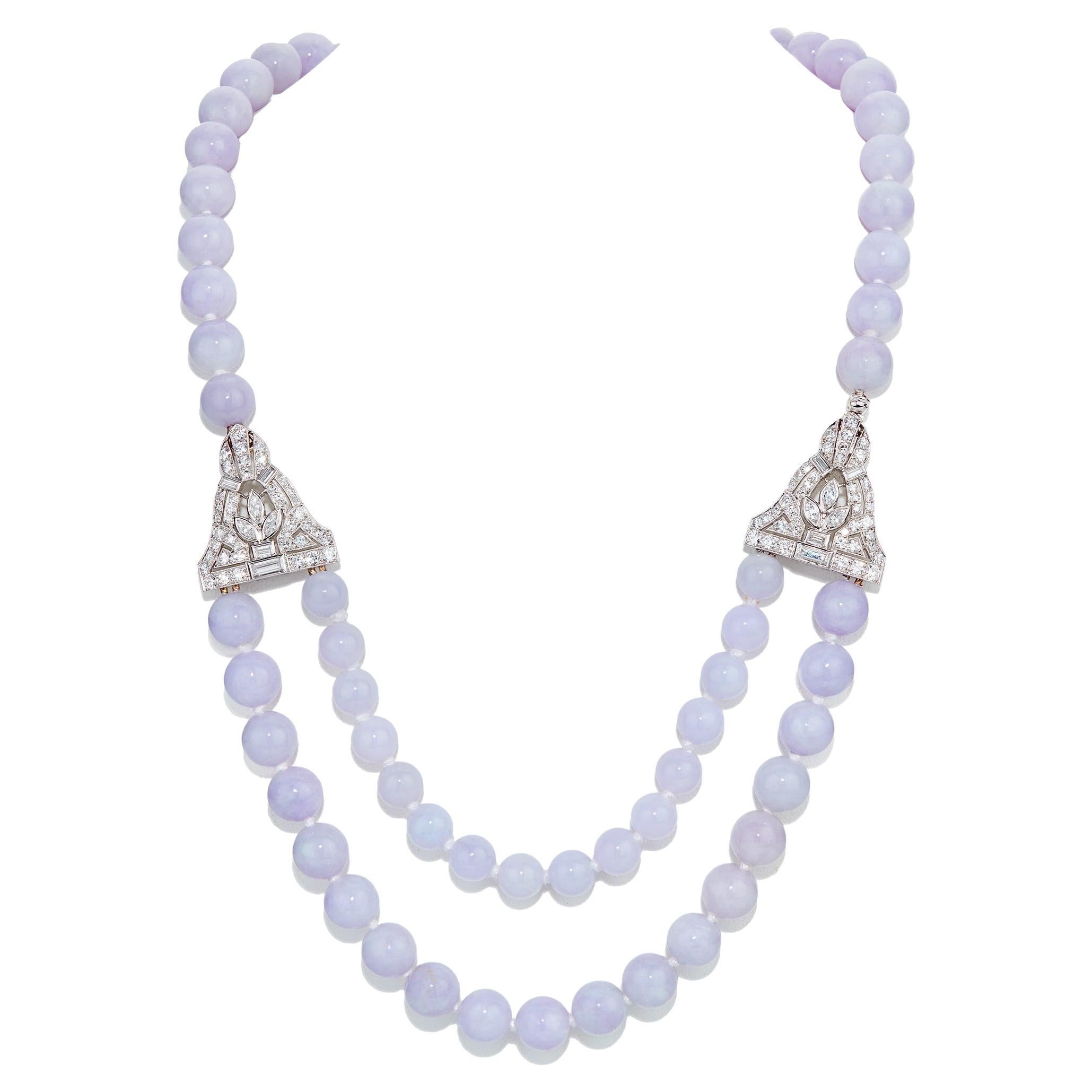 GIA Lavender Jadeite Double Strand Necklace with 2 Carat Diamond Platinum Clasp