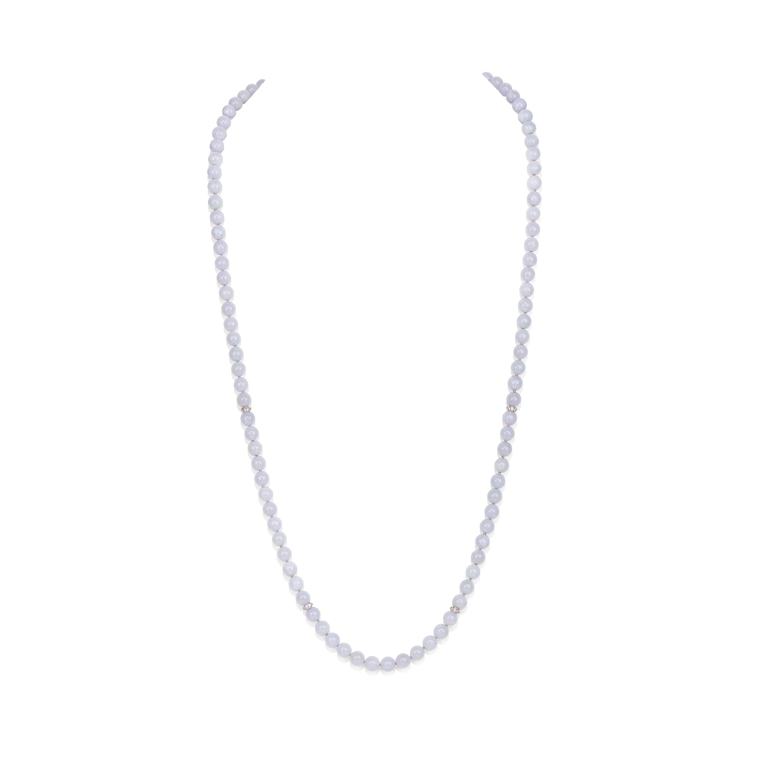 Allgemeine Beschreibung:

6.5-7 mm Lavendel Jade Runde Perlen
    - •Gesamtzahl der Perlen von 104

Diamant Eternity Rondelle Abstandshalter
     - •5.5 mm 
     - •0.16 Karat 
     - •18 Karat Weißgold 

Gesamtlänge: 32 Zoll
Gewicht: 72 Gramm

GIA