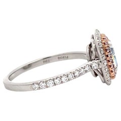 GIA Light Green Radiant Diamond Double Halo Fancy Intense Pink Diamond Ring