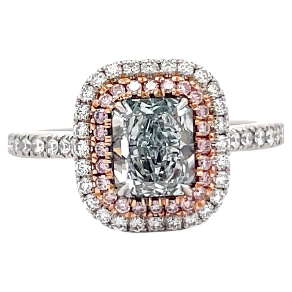 GIA Light Green Radiant Diamond Double Halo Fancy Intense Pink Diamond Ring For Sale