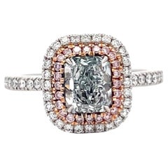 GIA Bague à double halo en diamant radiant vert clair fantaisie Pink Diamond Intense