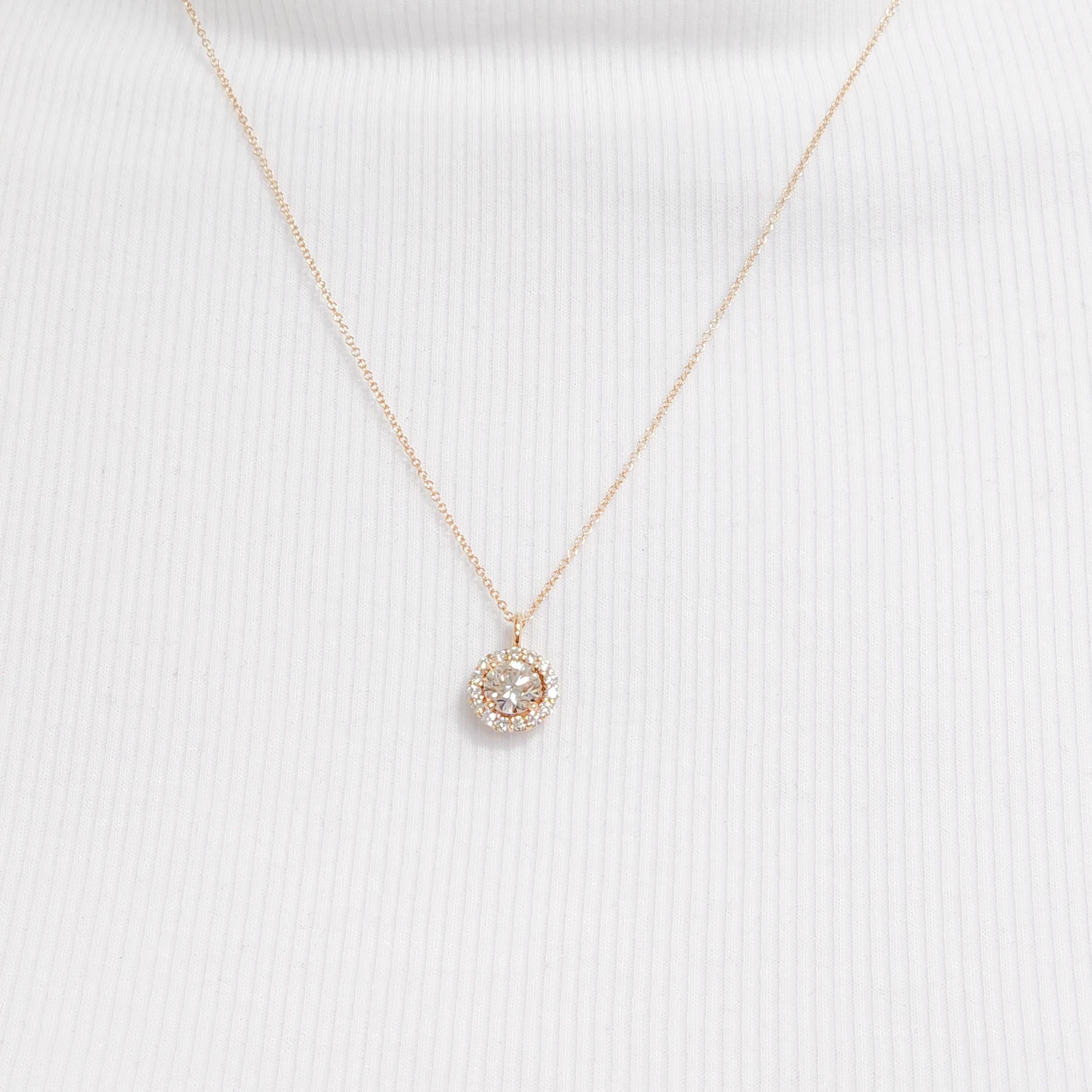 GIA Light Pink Brown Diamond Round Pendant Necklace in 14k Rose Gold For Sale 5