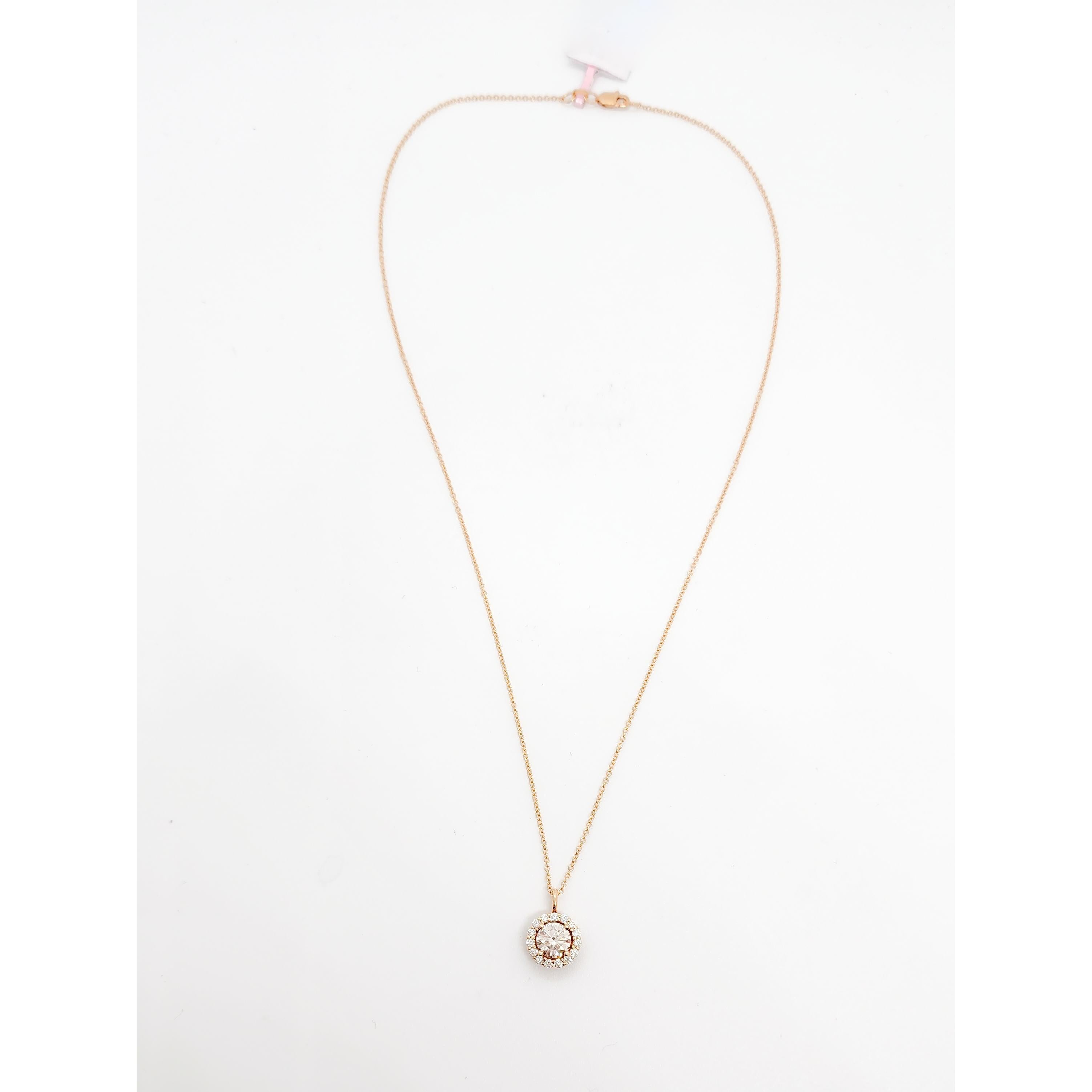 GIA Light Pink Brown Diamond Round Pendant Necklace in 14k Rose Gold In New Condition For Sale In Los Angeles, CA