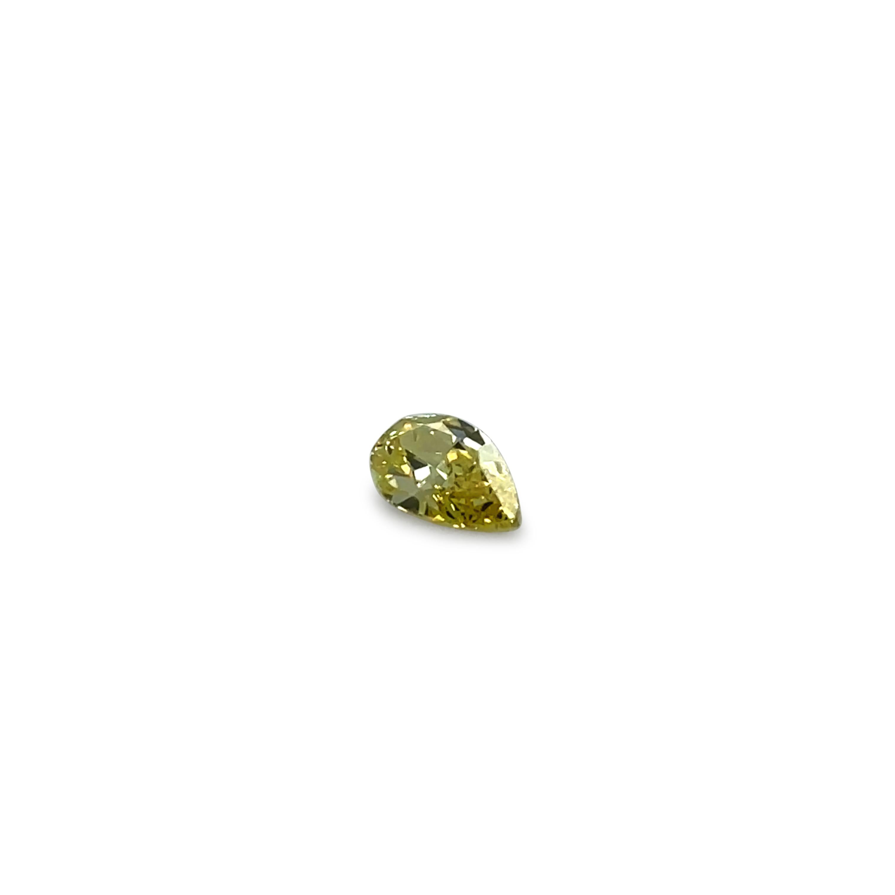 An exquisite loose Natural Fancy Vivid Yellow Diamond, certified by GIA. This 0.52ct pear-shaped modified brilliant diamond boasts an even colour distribution and a clarity grade of VVS2, with Very Good polish, Good symmetry, and no