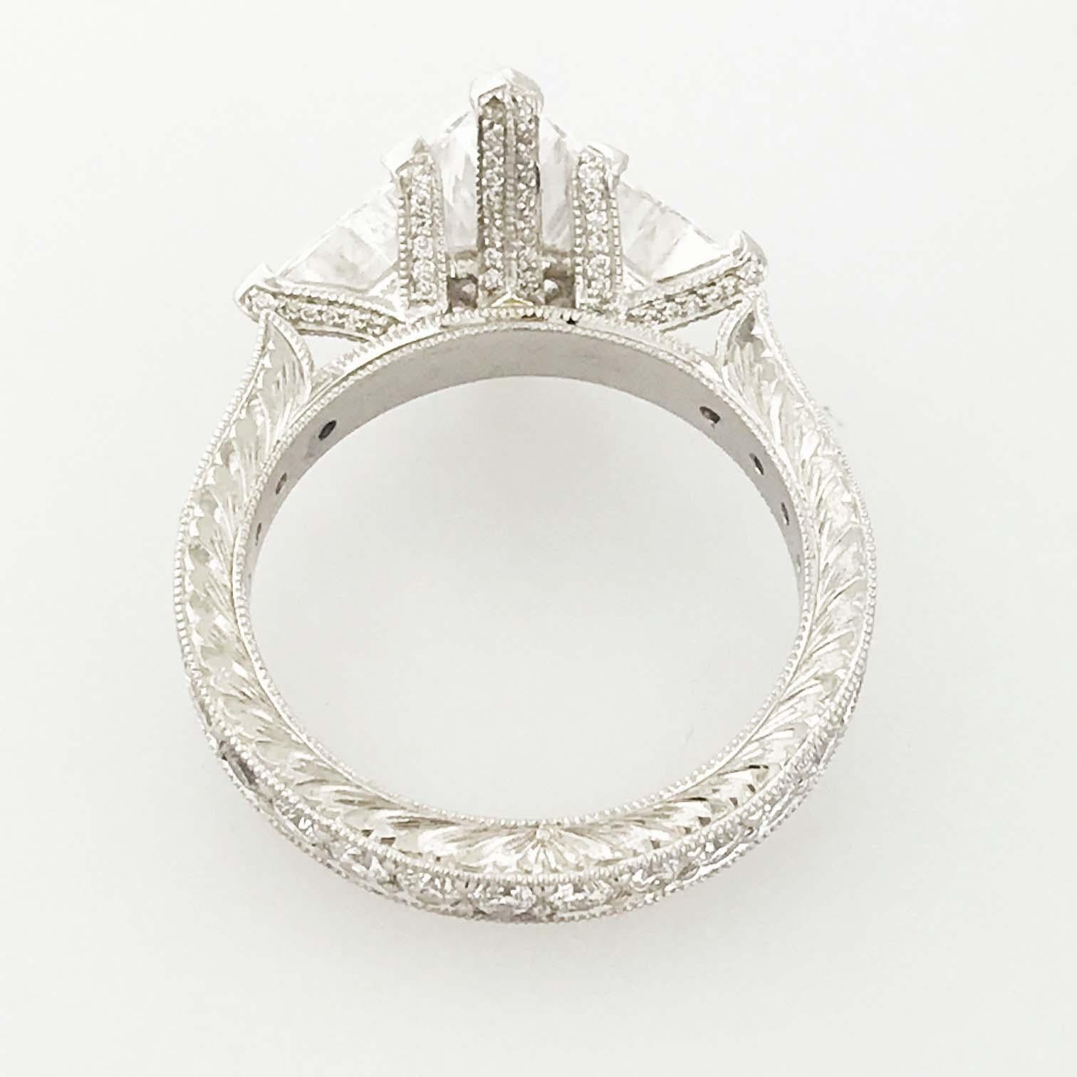 GIA Marquise and Trillion 3.50 Diamond Custom Platinum Three-Stone Ring For Sale 1