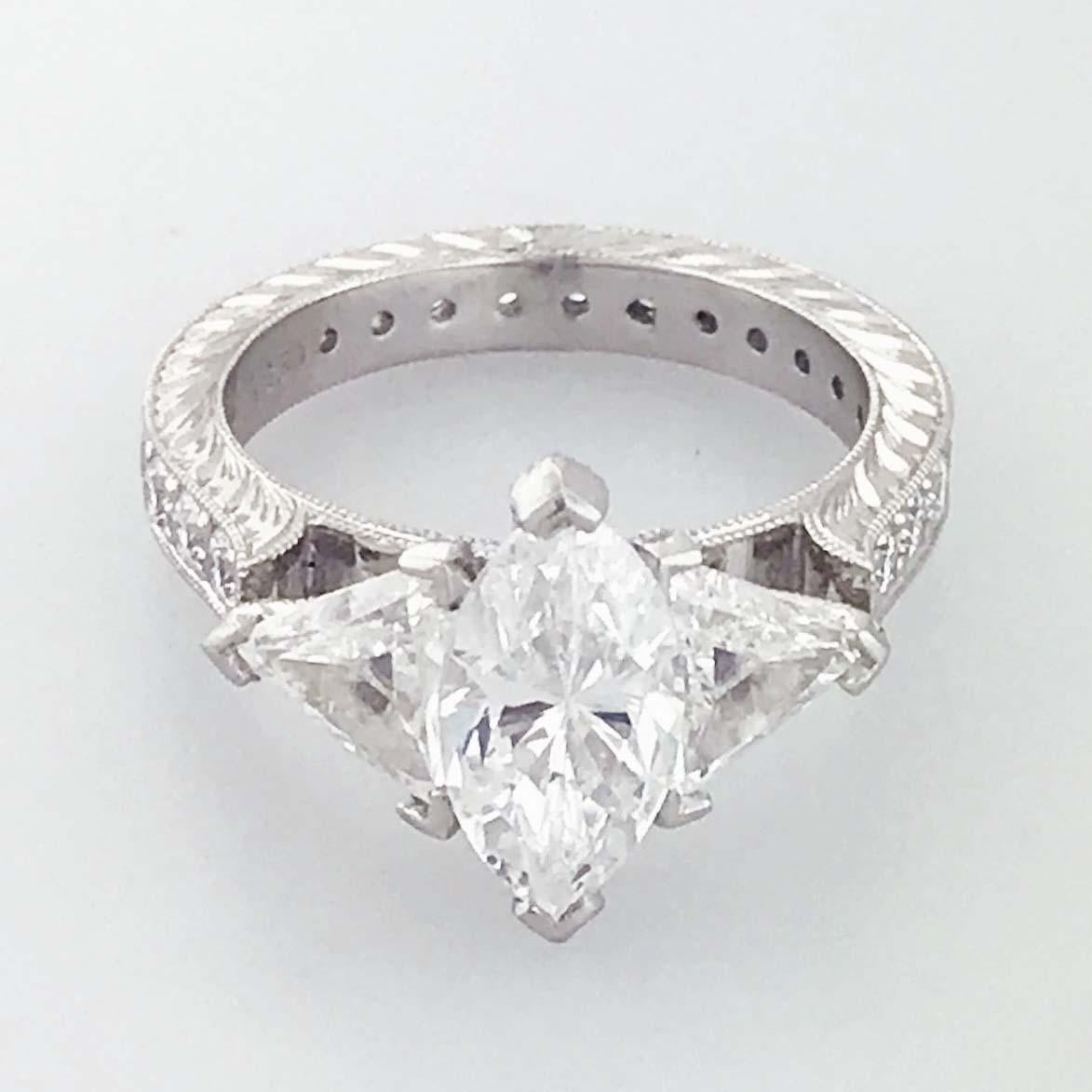 Marquise Cut GIA Marquise and Trillion 3.50 Diamond Custom Platinum Three-Stone Ring For Sale