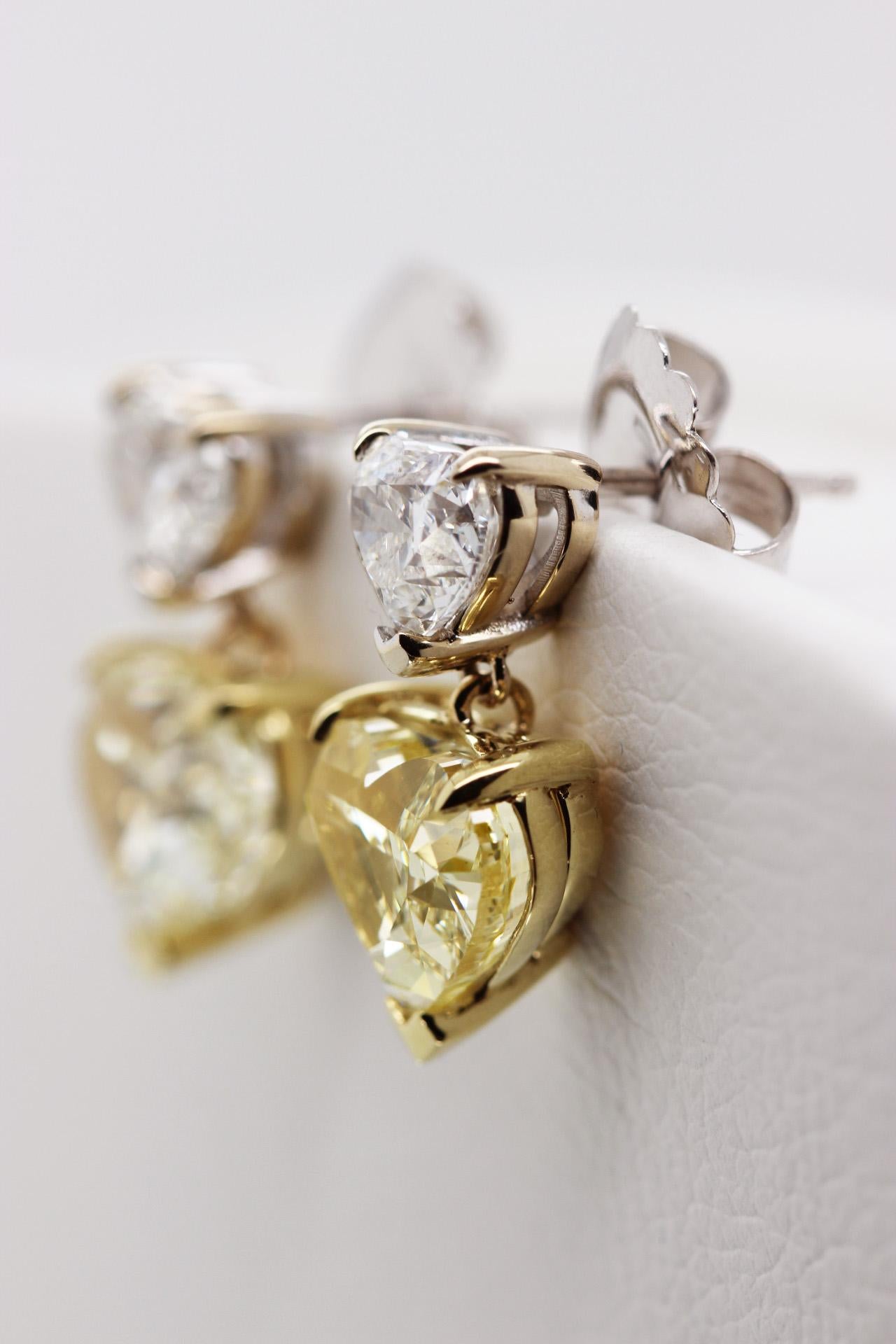 Contemporary GIA Matching Fancy Light Yellow 3.77 Ct Heart-Cut Diamond Drop Earrings 18K YG For Sale