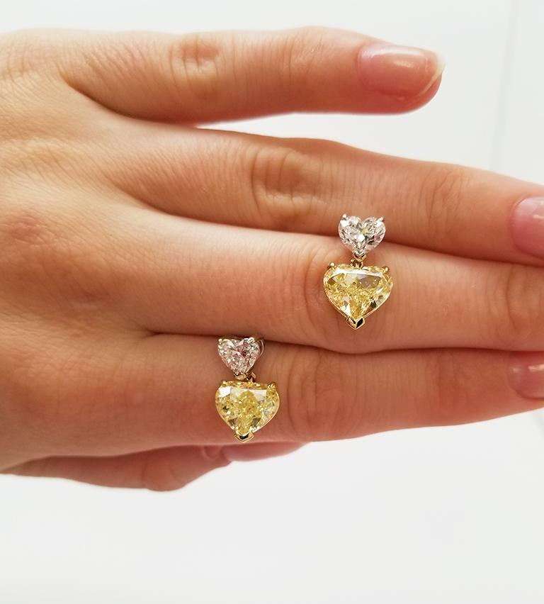 Heart Cut GIA Matching Fancy Light Yellow 3.77 Ct Heart-Cut Diamond Drop Earrings 18K YG For Sale