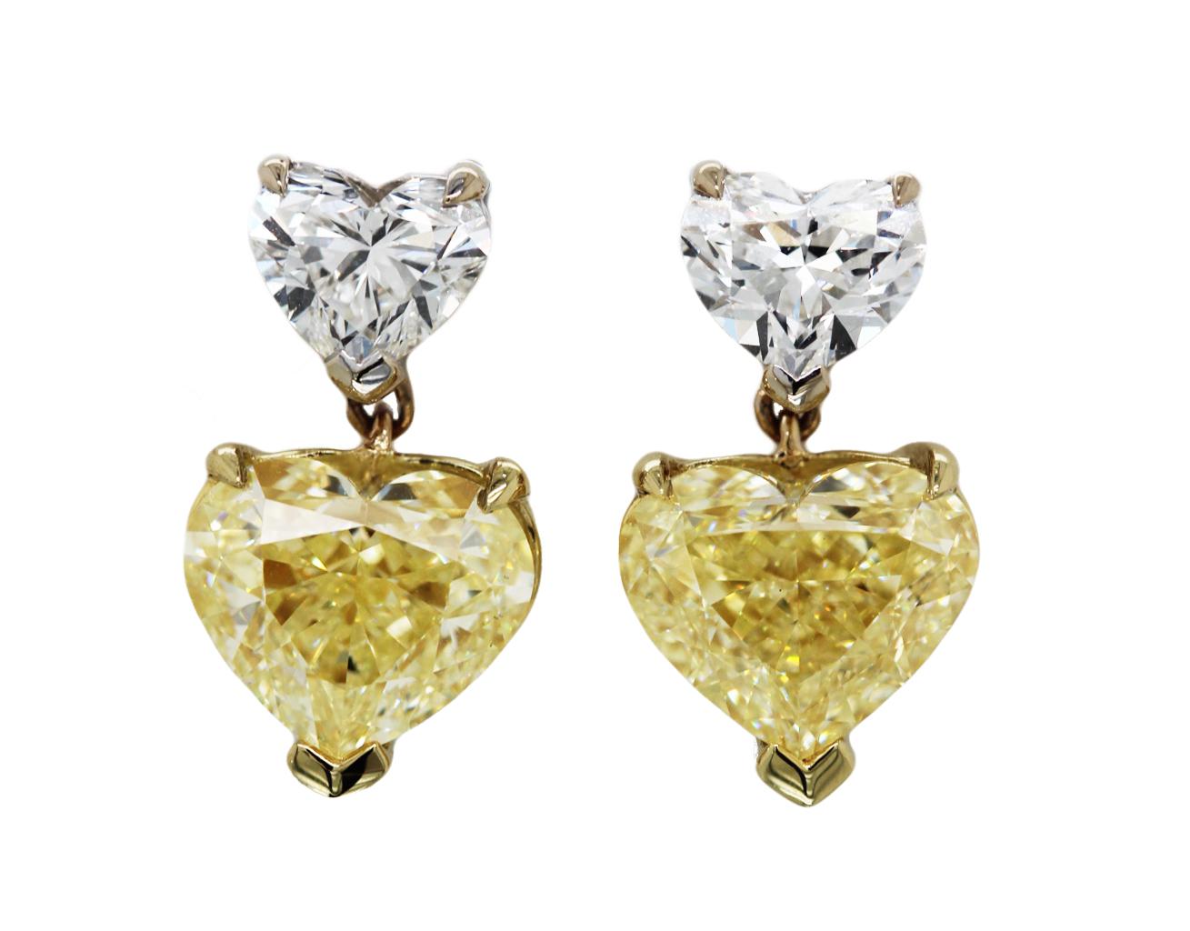 GIA Matching Fancy Light Yellow 3.77 Ct Heart-Cut Diamond Drop Earrings 18K YG In New Condition For Sale In New York, NY