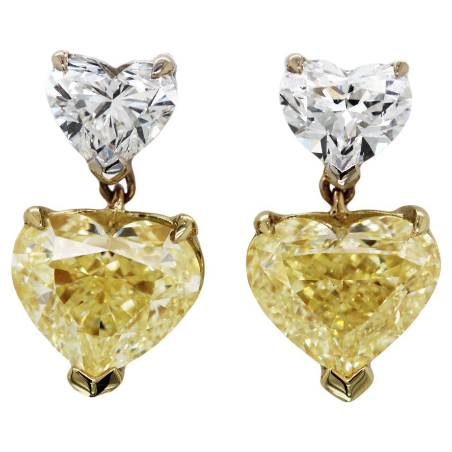 GIA Matching Fancy Light Yellow 3.77 Ct Heart-Cut Diamond Drop Earrings 18K YG For Sale