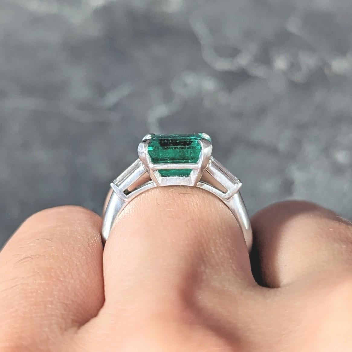 GIA Midcentury 3.48 Carats Colombian Emerald Diamond Platinum Three Stone Ring  7