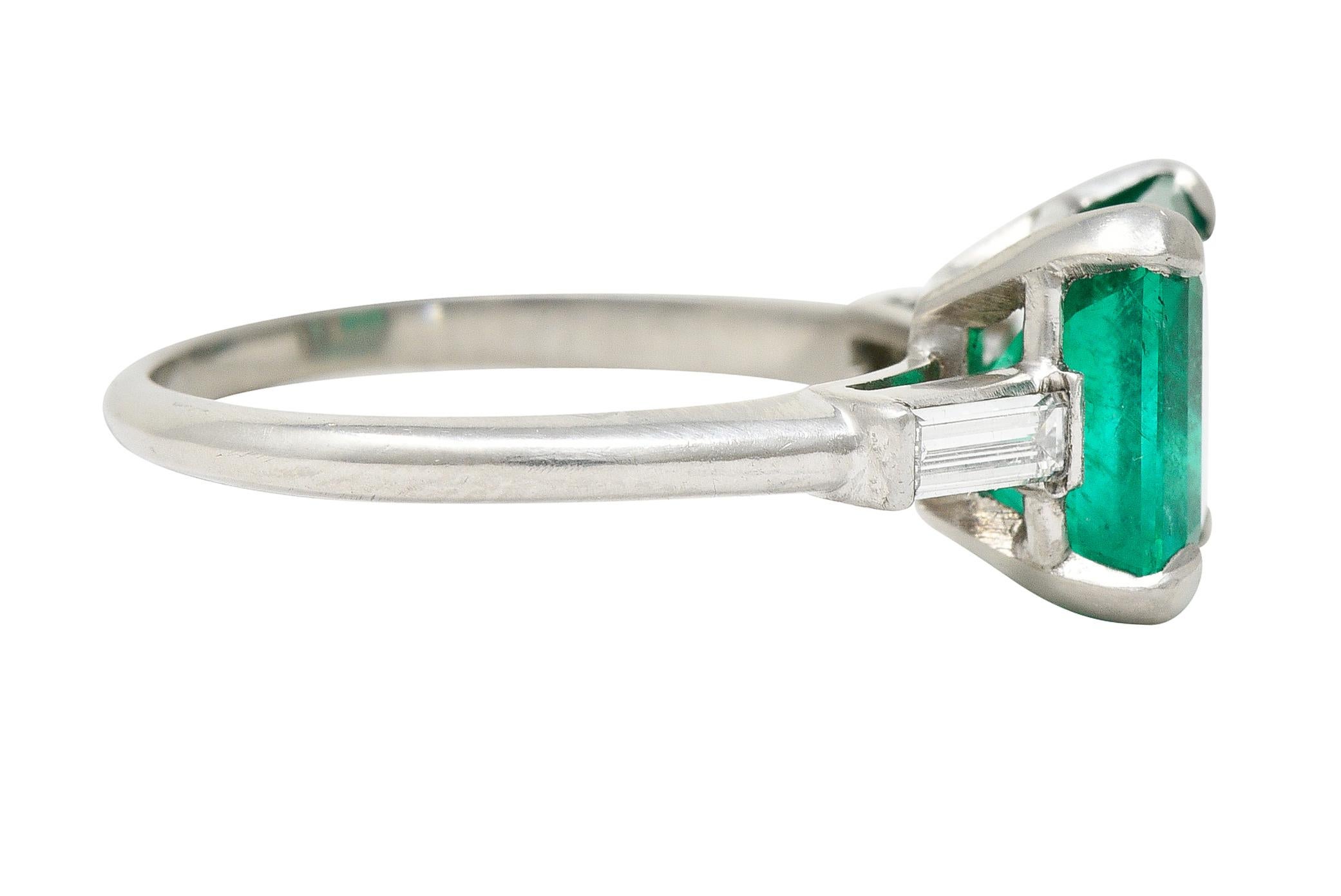 Square Cut GIA Midcentury 3.48 Carats Colombian Emerald Diamond Platinum Three Stone Ring 