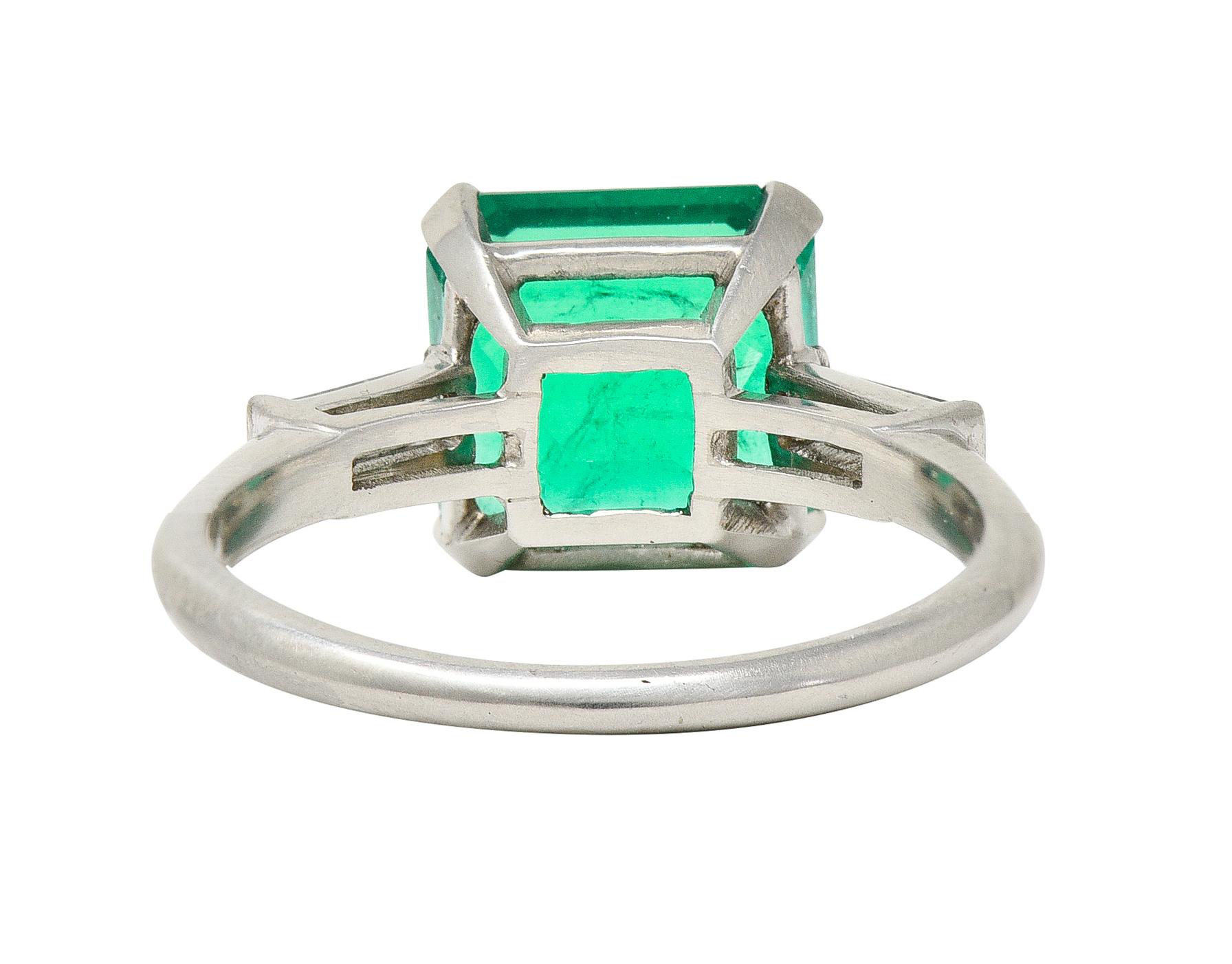 GIA Midcentury 3.48 Carats Colombian Emerald Diamond Platinum Three Stone Ring  In Excellent Condition In Philadelphia, PA