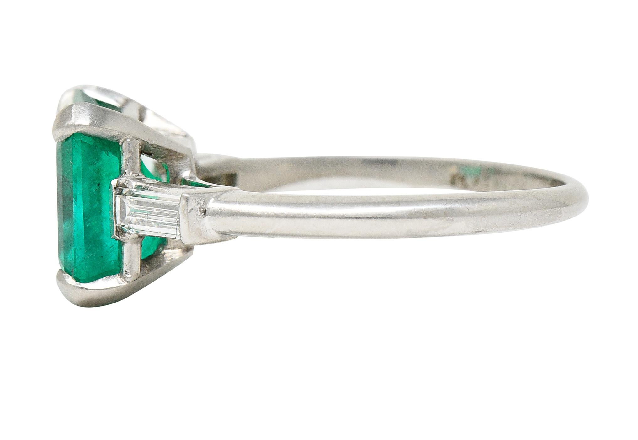 Women's or Men's GIA Midcentury 3.48 Carats Colombian Emerald Diamond Platinum Three Stone Ring 