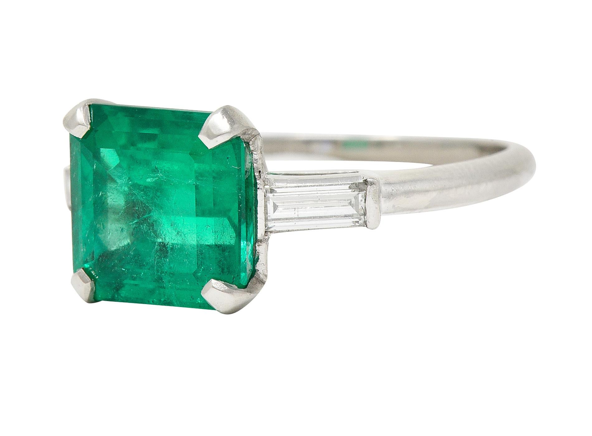 GIA Midcentury 3.48 Carats Colombian Emerald Diamond Platinum Three Stone Ring  1
