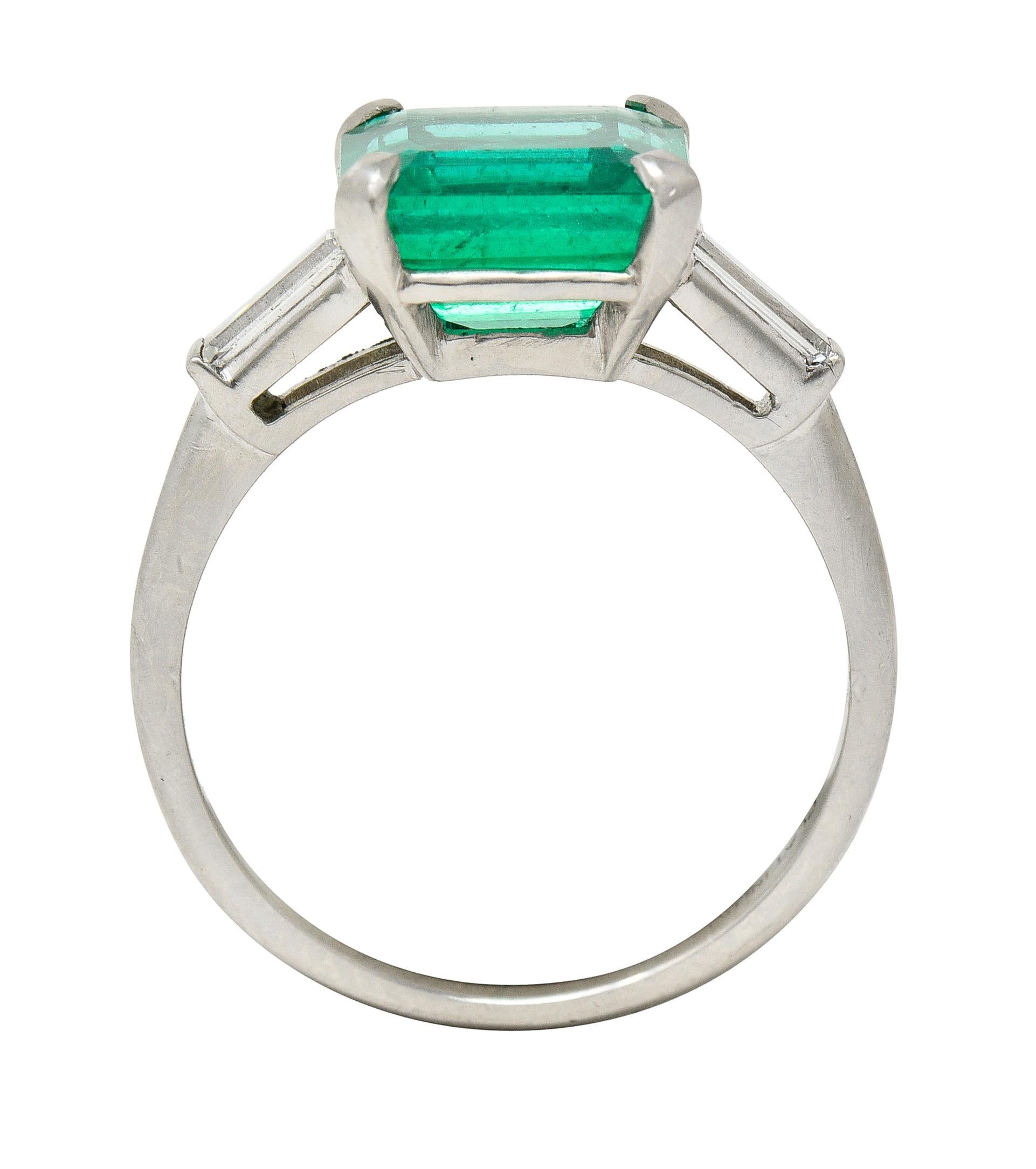 GIA Midcentury 3.48 Carats Colombian Emerald Diamond Platinum Three Stone Ring  3