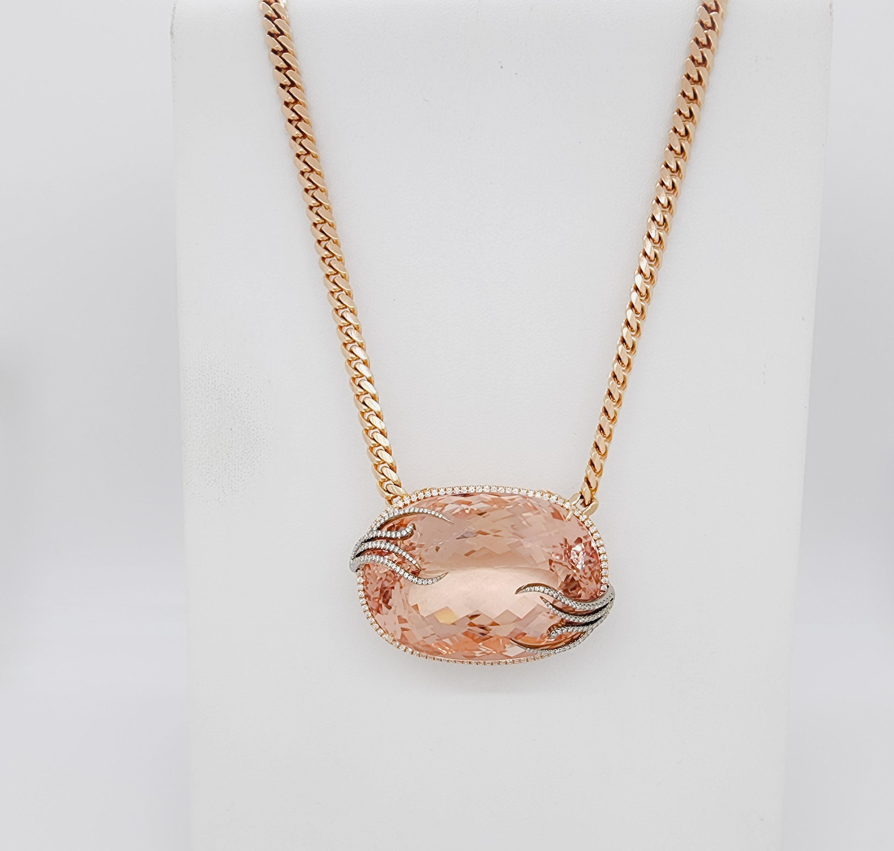 Absolutely gorgeous GIA 170.88 ct. orangy pink morganite oval with 1.00 ct. good quality white diamond rounds.  Handmade in 14k rose gold.  Length is 18