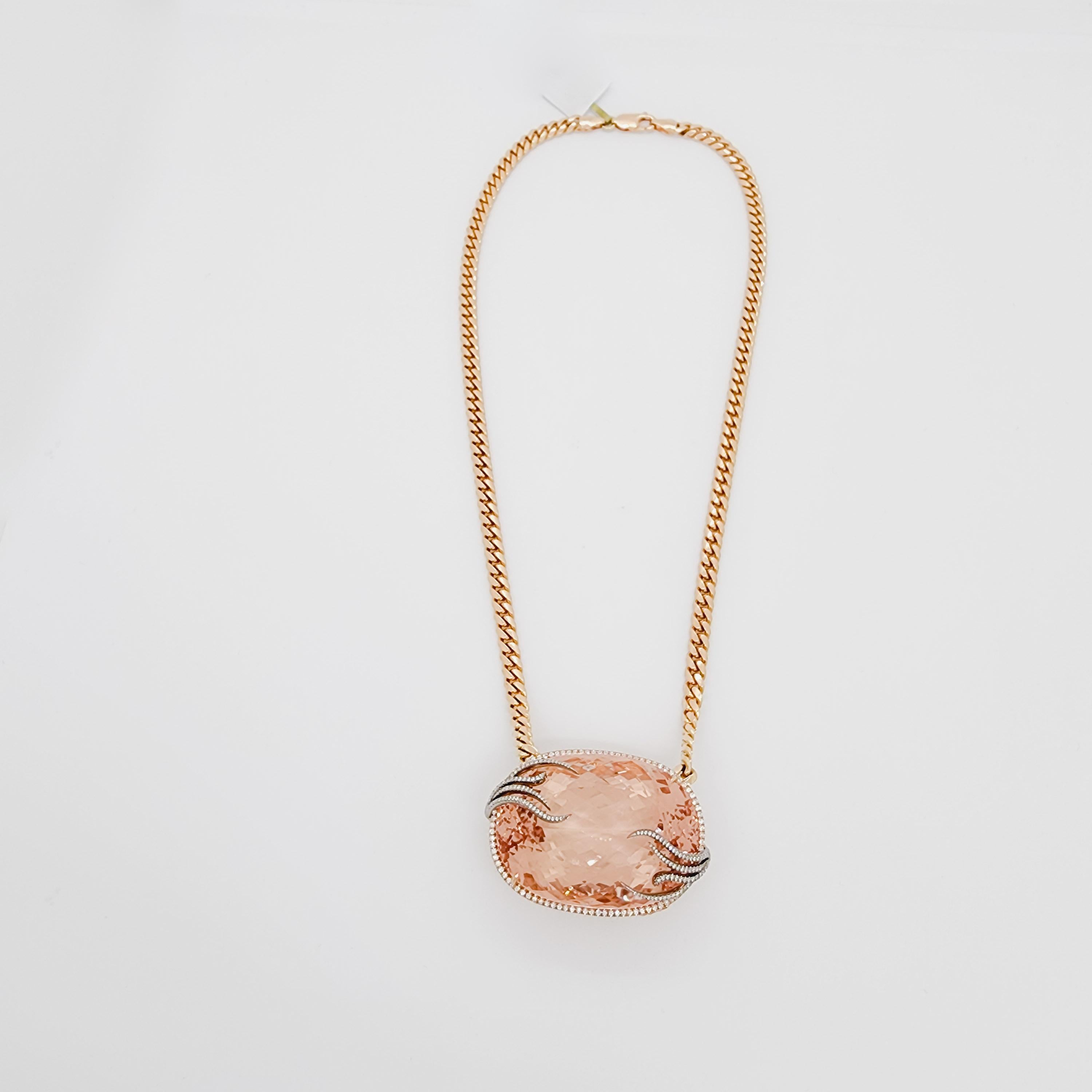 Oval Cut GIA Morganite and White Diamond Necklace in 14k Rose Gold For Sale