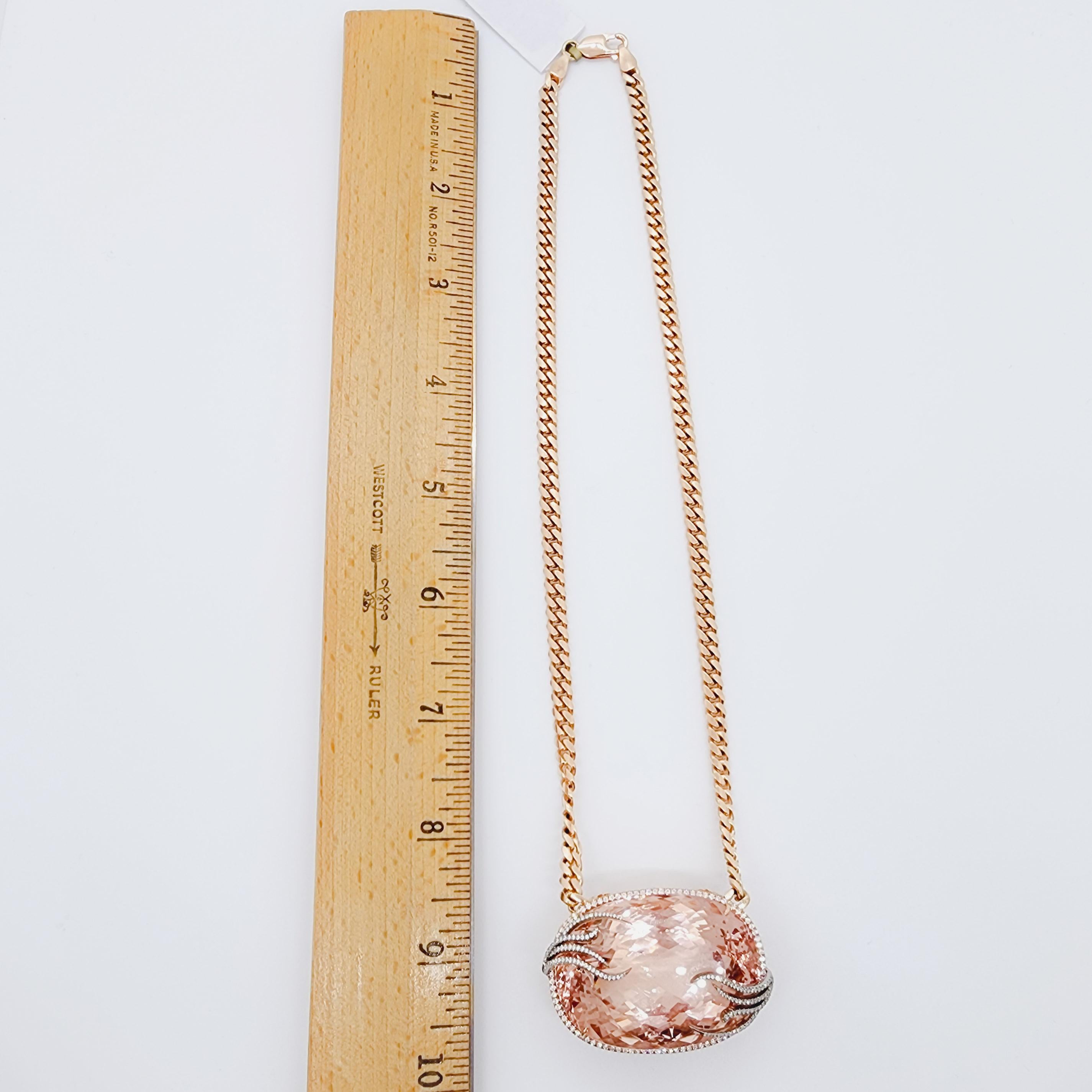 GIA Morganite and White Diamond Necklace in 14k Rose Gold For Sale 1