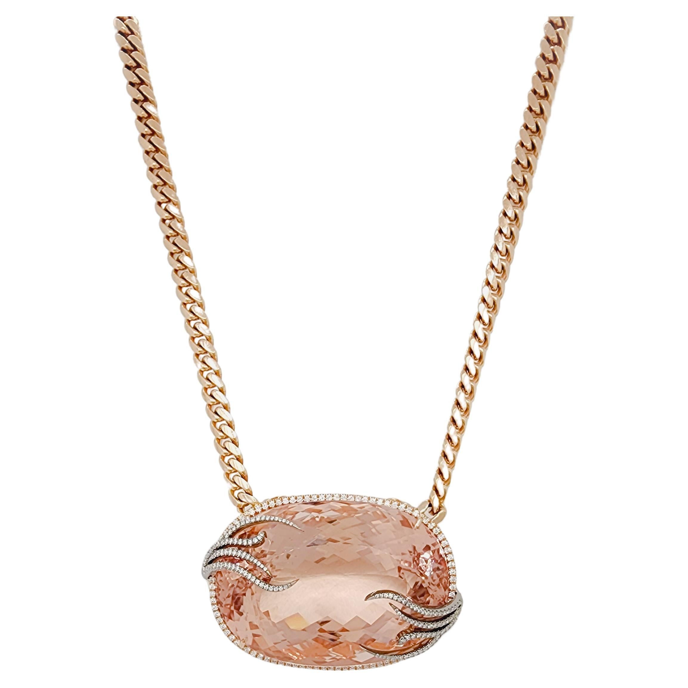 GIA Morganite and White Diamond Necklace in 14k Rose Gold For Sale