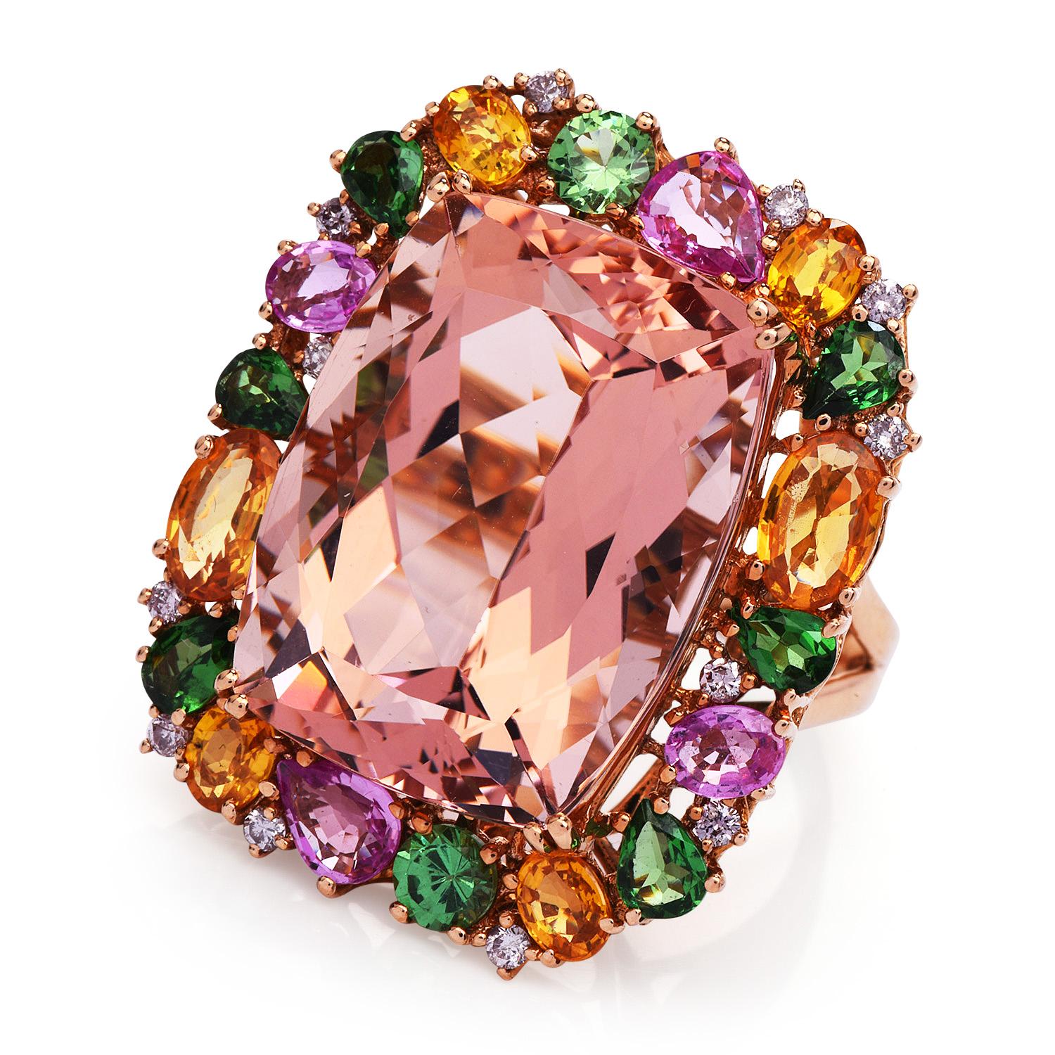 Bold and Beautiful! 

This colorful and playful cocktail ring was inspired by a Floral frame motif

and crafted in 12.0 grams of 18K rose gold.

The center features a GIA Certified Cushion Cut  Orangy Pink Morganite appx. 19.94 x 15.25 x 11.07 mm,
