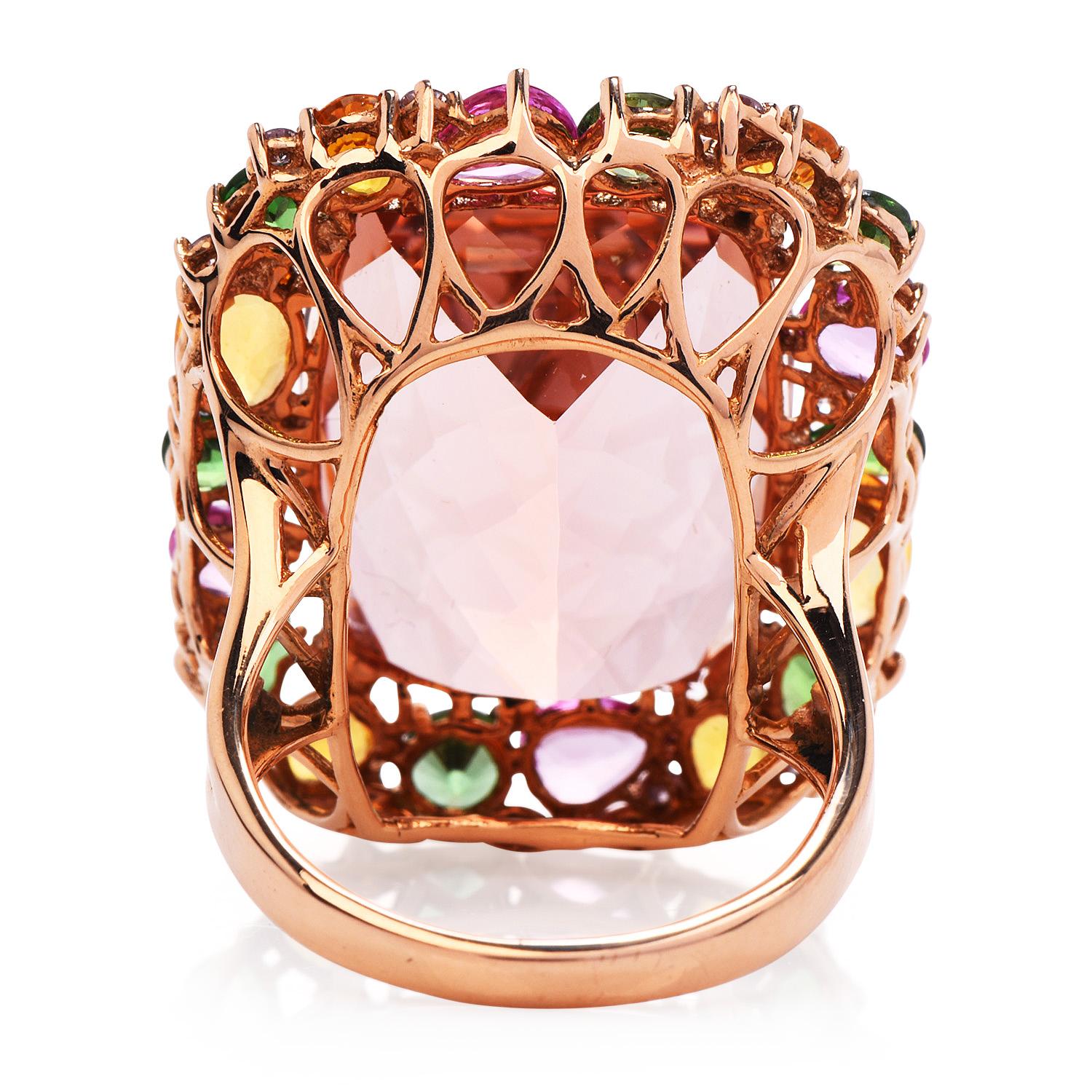 Rose Cut GIA Morganite Diamond Tsavorite Sapphire 18K Rose Gold Cocktail Ring