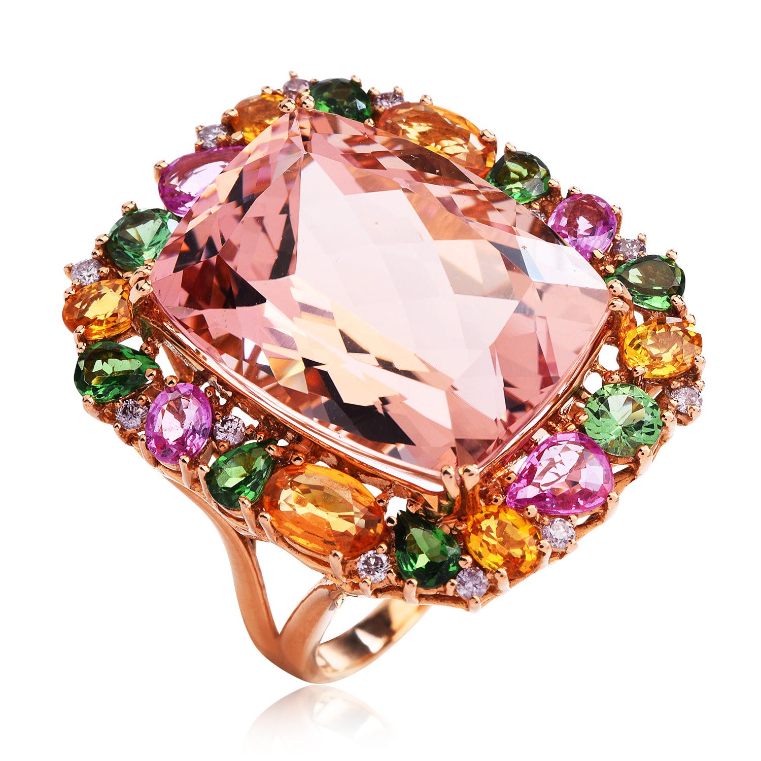 GIA Morganite Diamond Tsavorite Sapphire 18K Rose Gold Cocktail Ring In Excellent Condition In Miami, FL