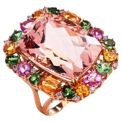 GIA Morganite Diamond Tsavorite Sapphire 18K Rose Gold Cocktail Ring