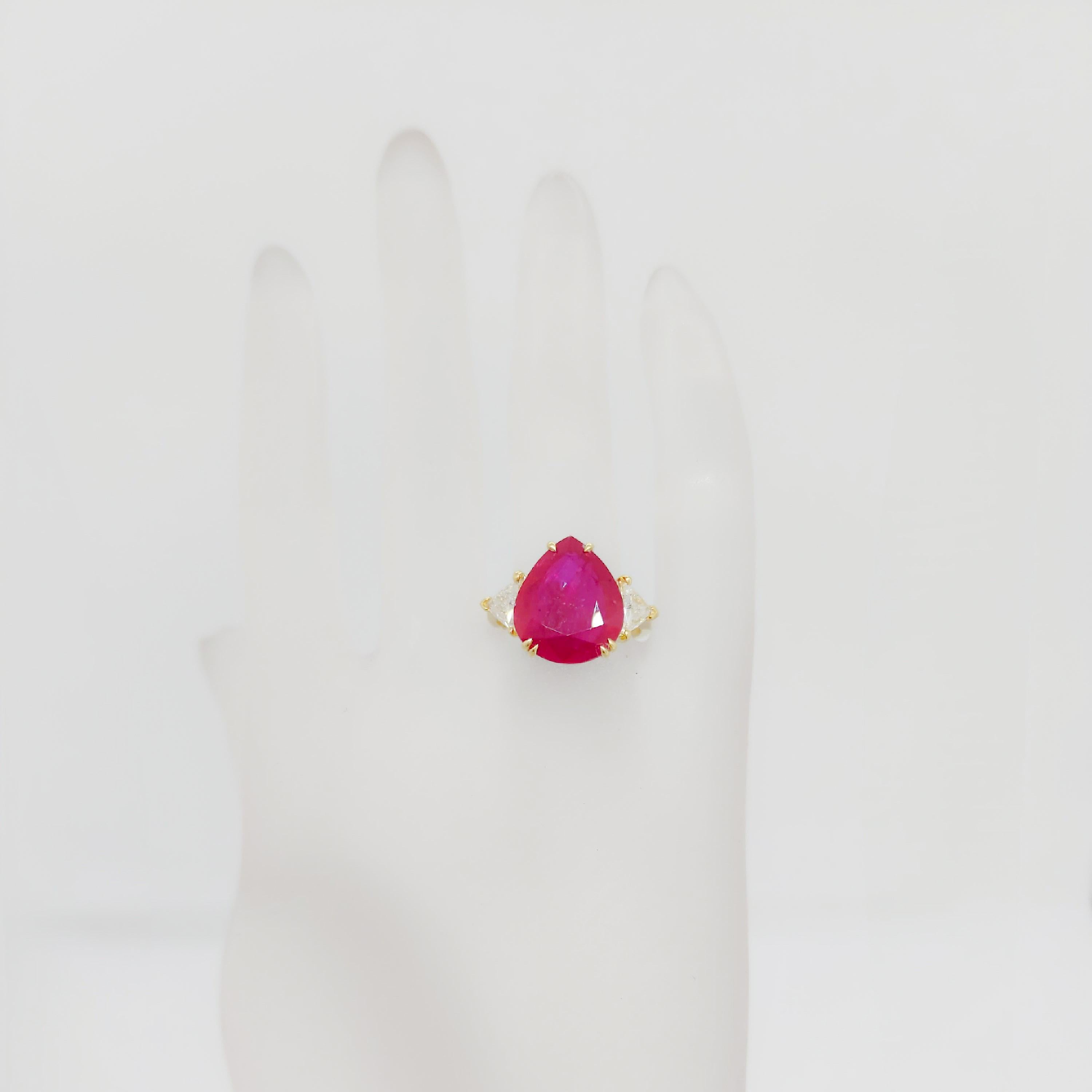 GIA Mozambique Ruby Pear and White Diamond Trillion Three Stone Ring For Sale 2
