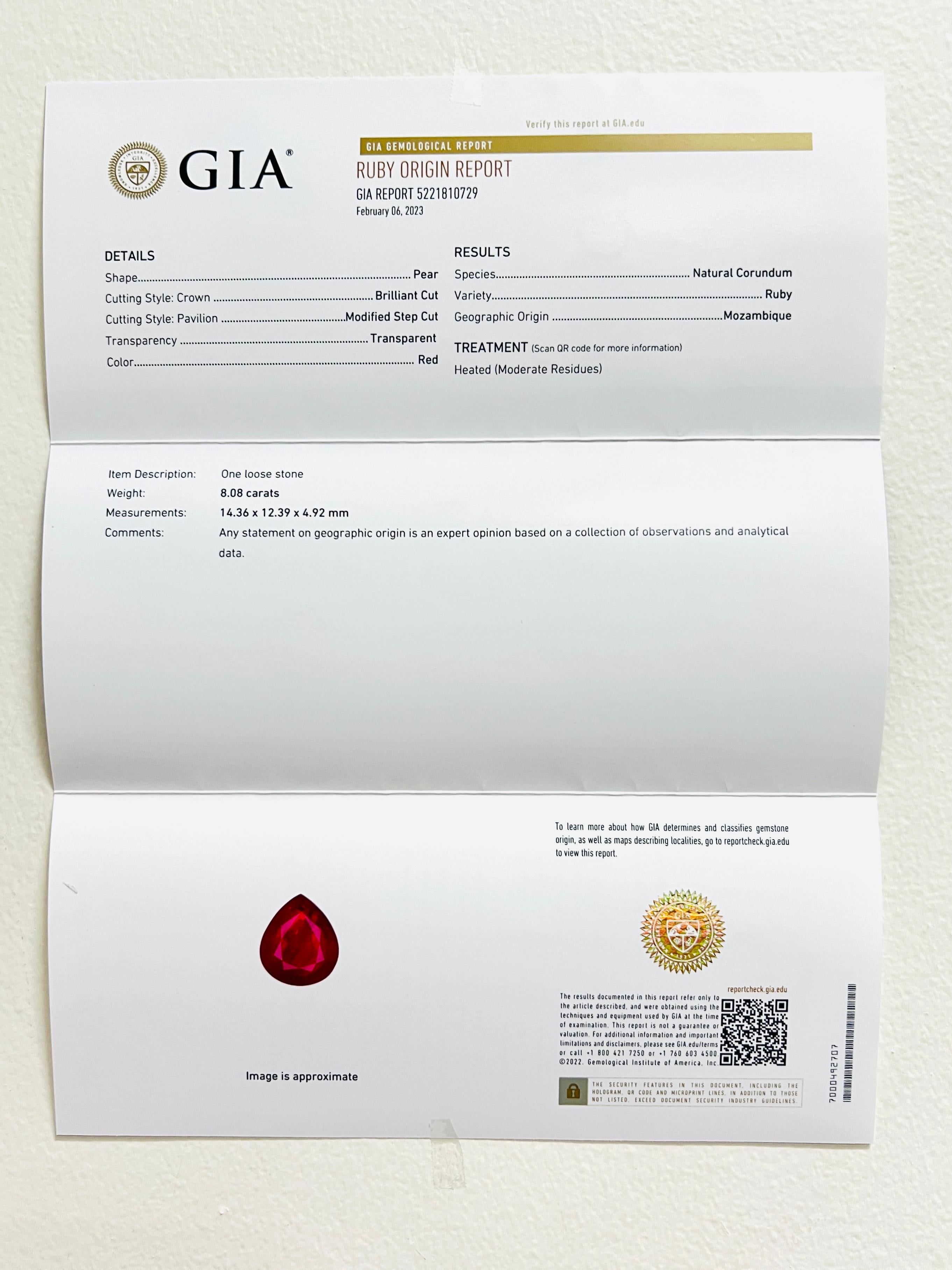 GIA Mozambique Ruby Pear Bezel Necklace in 18K Yellow Gold im Angebot 4