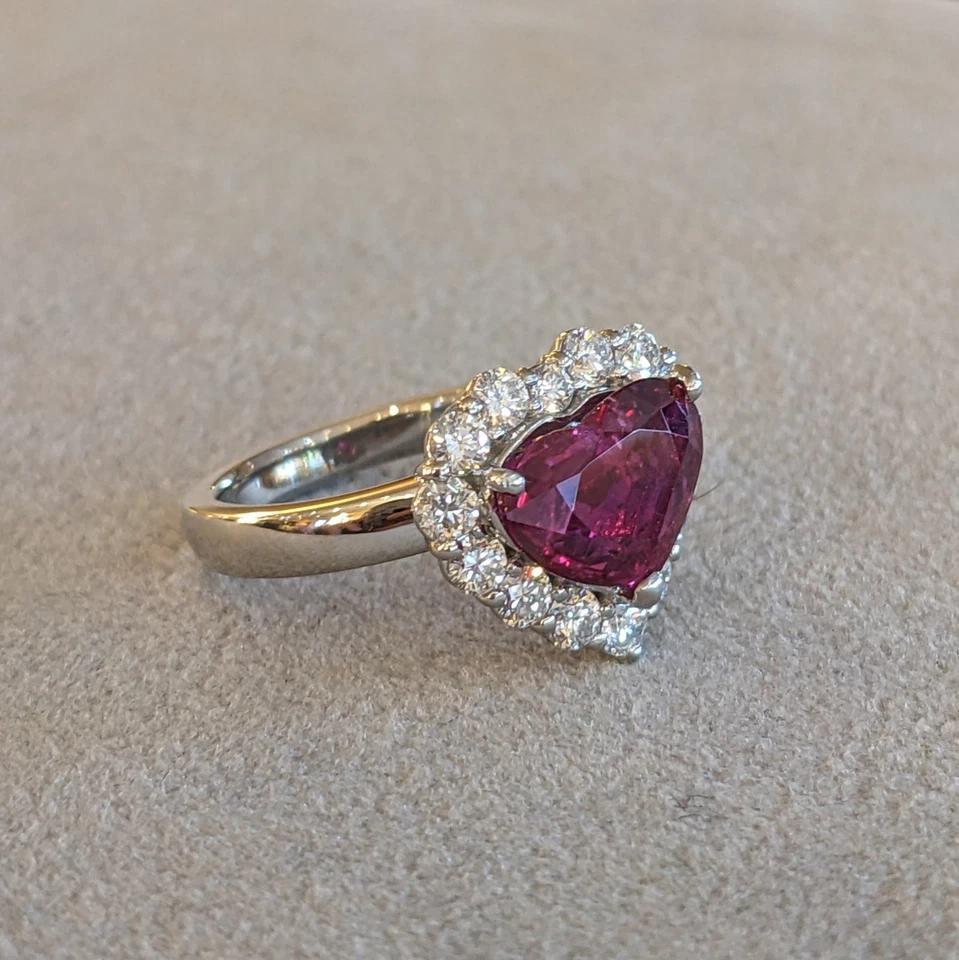 Heart Cut GIA Mozambique Unheated Heart Shaped Ruby and Diamond Ring in Platinum For Sale