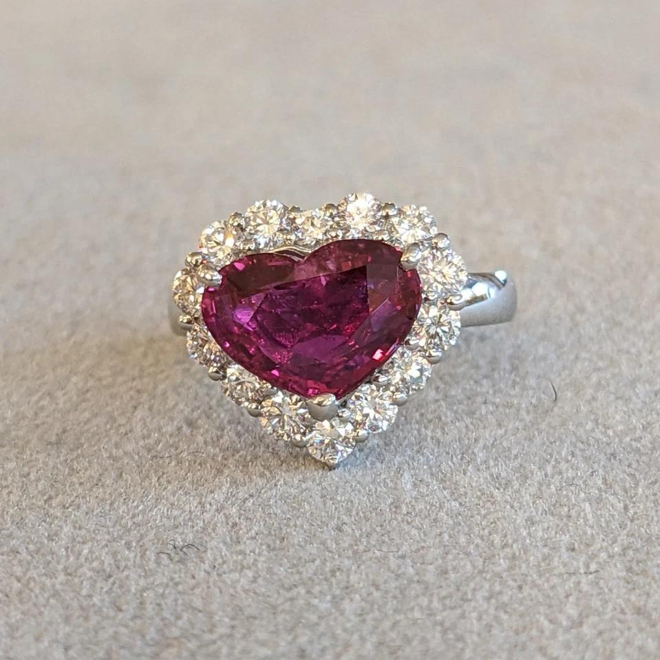 GIA Mozambique Unheated Heart Shaped Ruby and Diamond Ring in Platinum For Sale 1