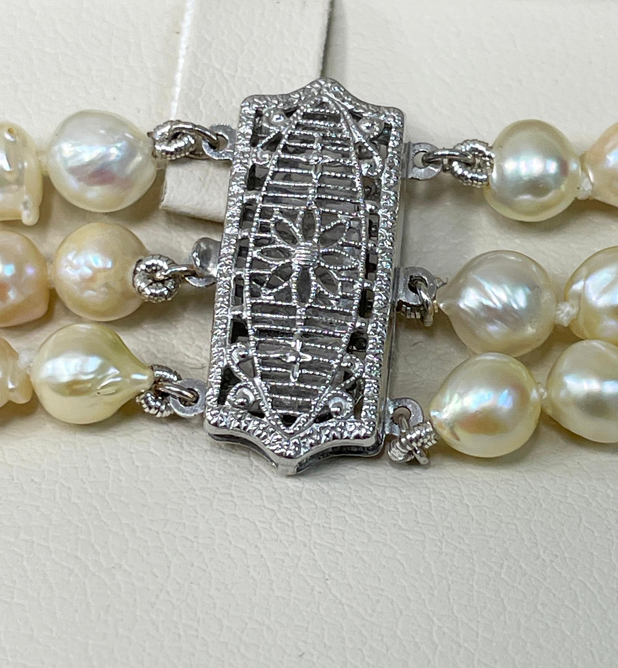 GIA Multi 3-Strand Akoya Baroque Japanese Pearl 14K White Gold Vintage Necklace 7