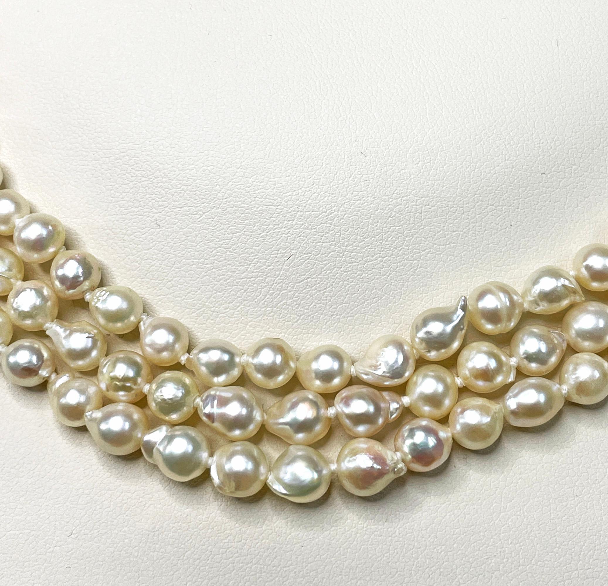 GIA Multi 3-Strand Akoya Baroque Japanese Pearl 14K White Gold Vintage Necklace 8